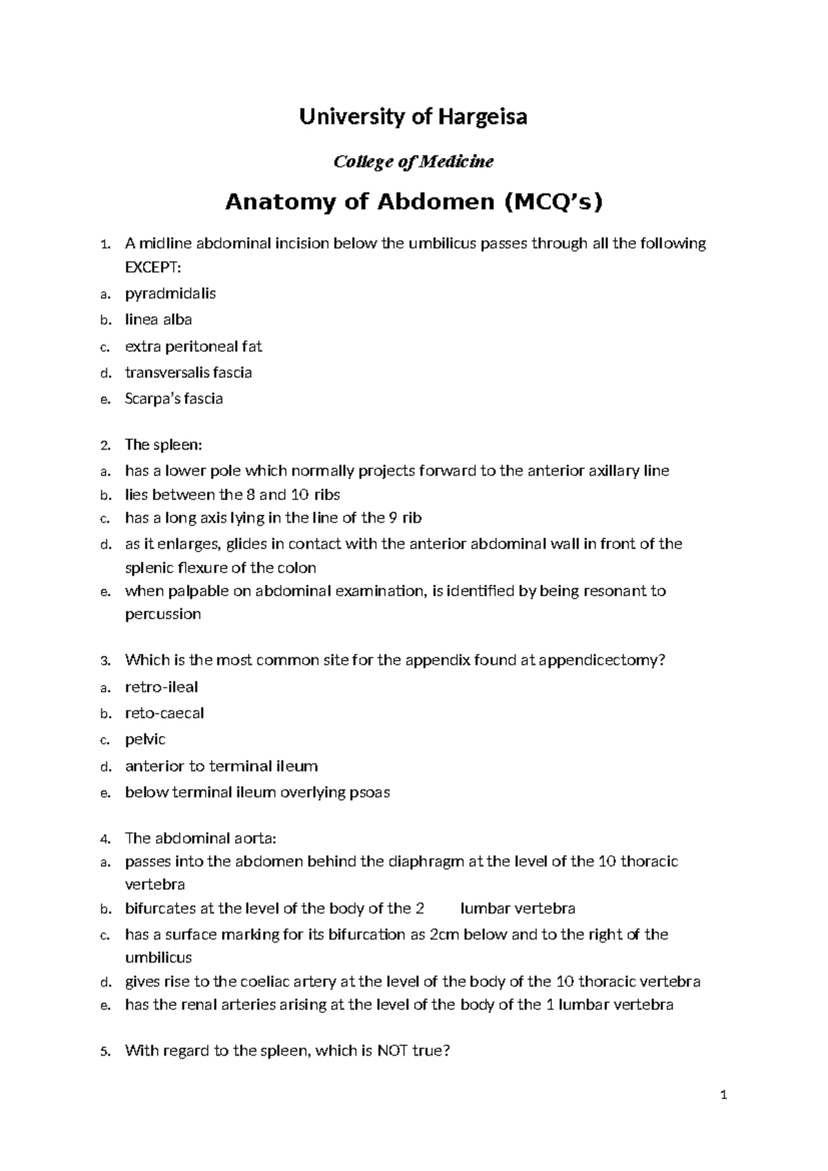 Abdomen MCQs - Practice for Anatomy Course (ANAT 101) - Studocu