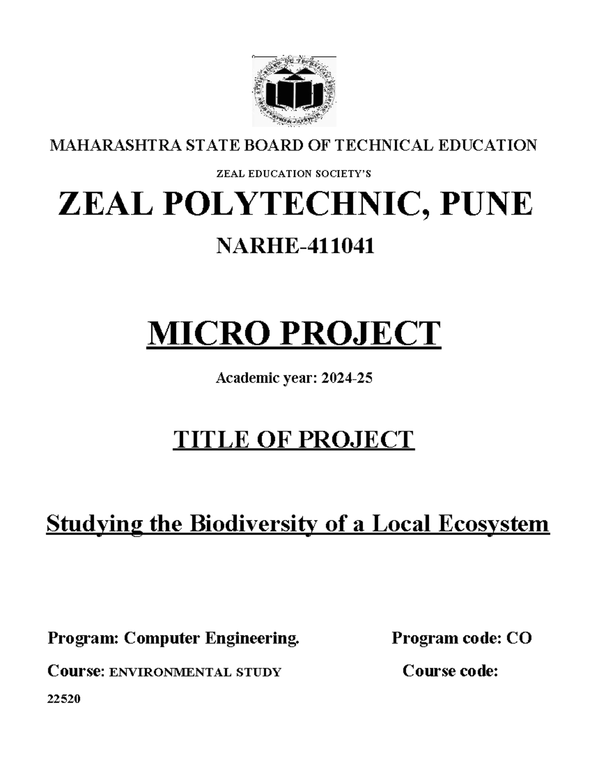 Micro Project CO-B5(1): Studying Local Ecosystem Biodiversity (22520 ...
