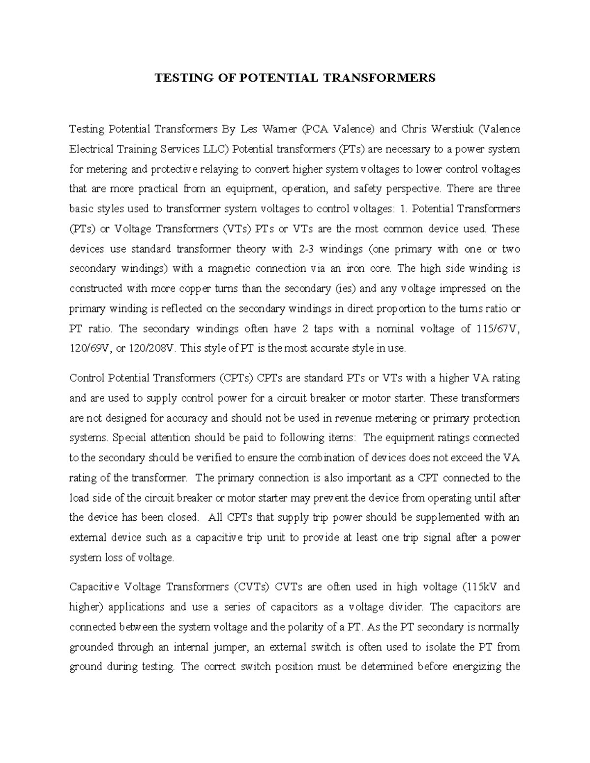 CBS EM I - Testing Potential Transformers Overview and Applications ...