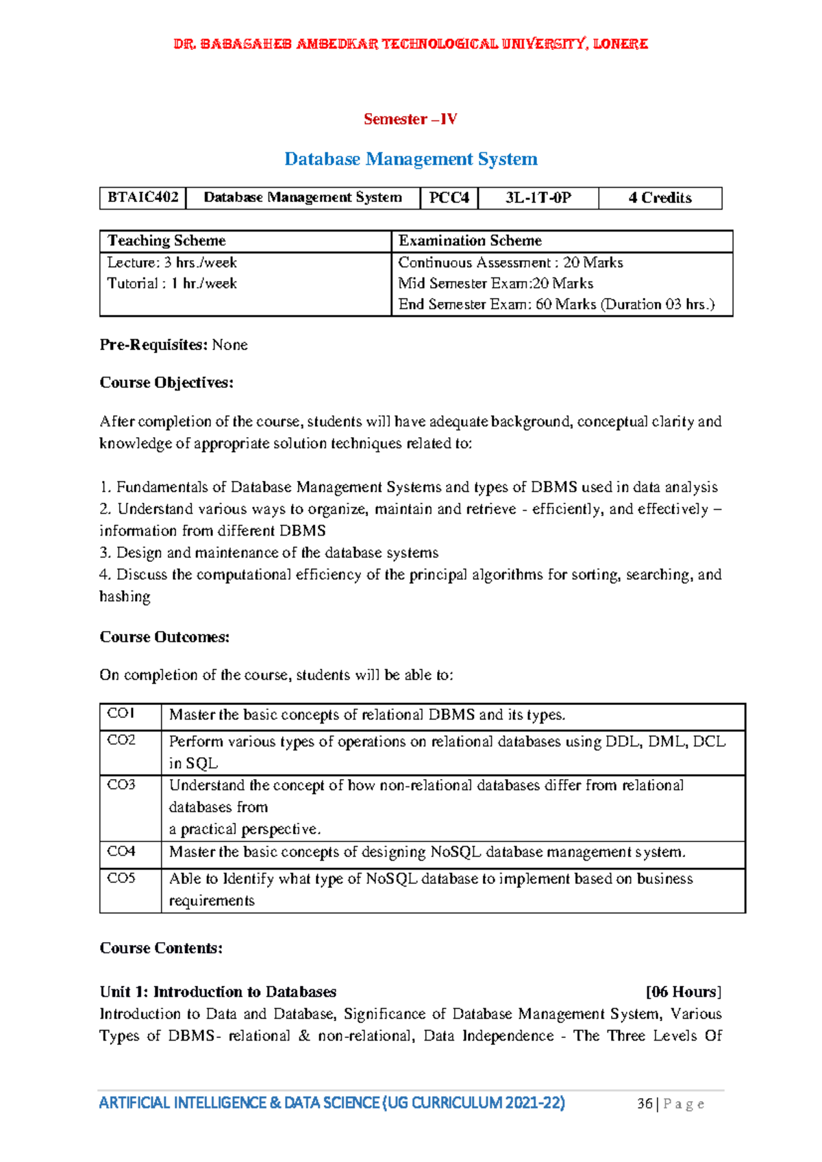 DBMS Syllabus for BTAIC402 - Dr. Babasaheb Ambedkar Technological ...