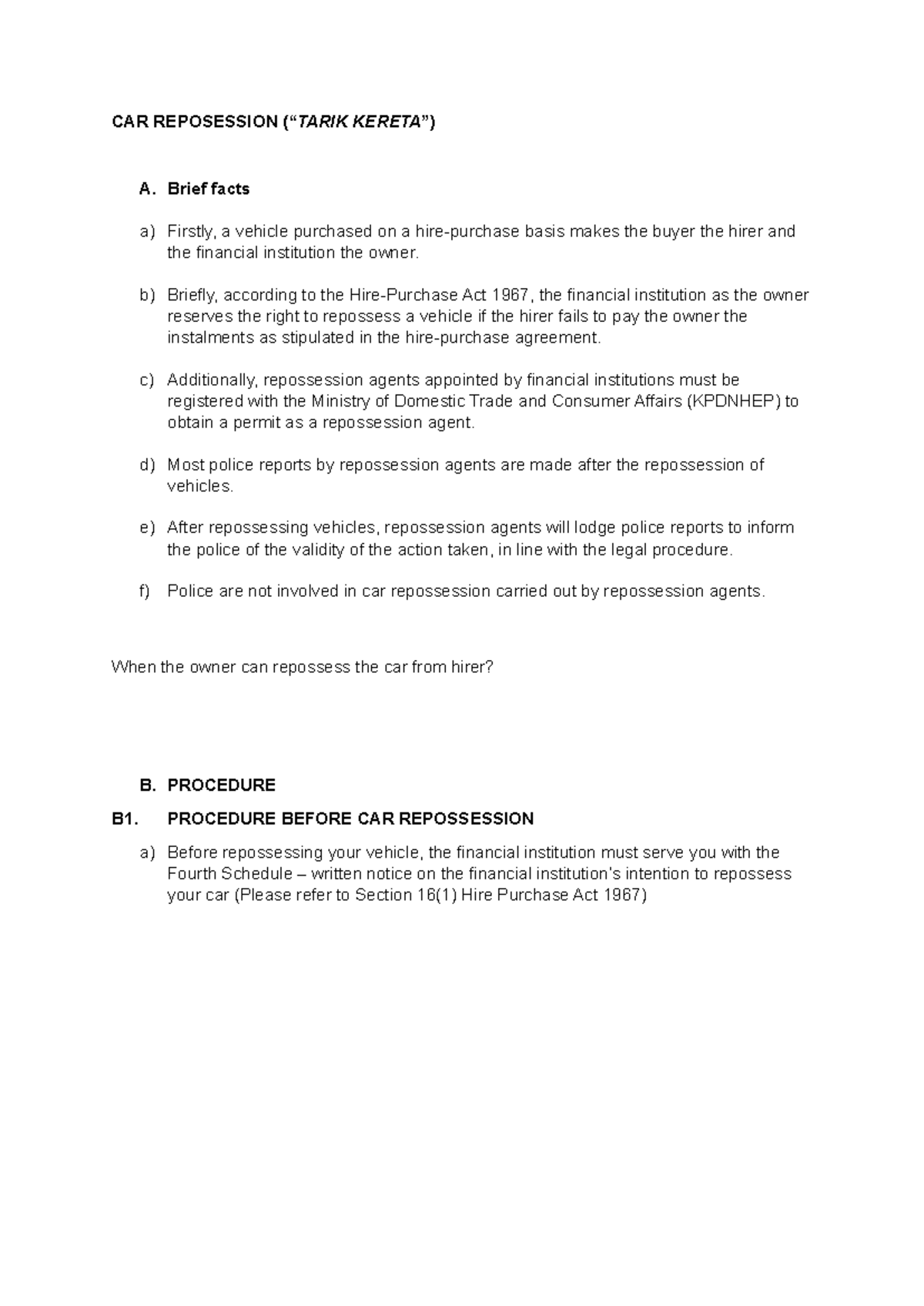 CAR Repossession Procedures and Legal Considerations (HP Act 1967 ...