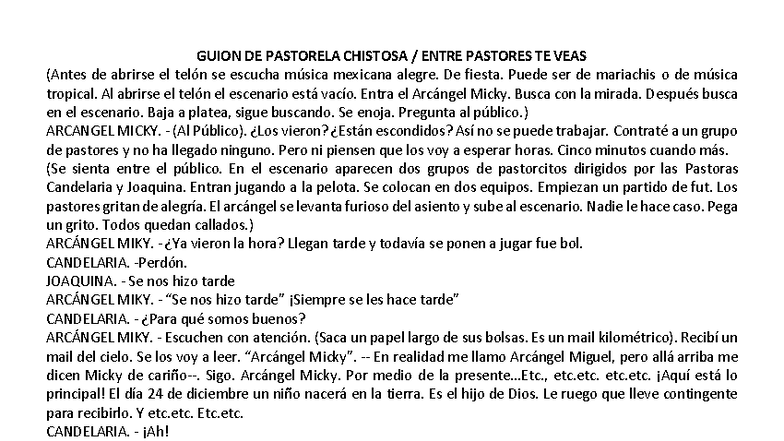 Guion de Pastorela Chistosa: Arcángel Micky y los Pastores - Studocu
