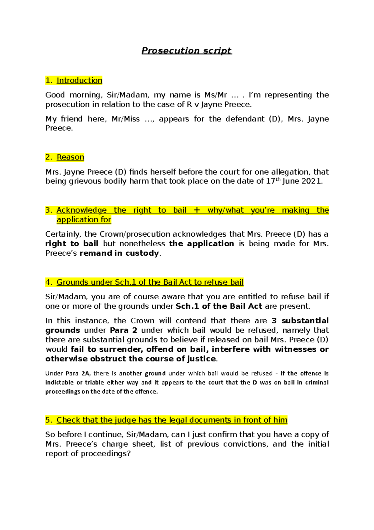 Prosecution Script Model for R v Jayne Preece - Advocacy Guide - Studocu