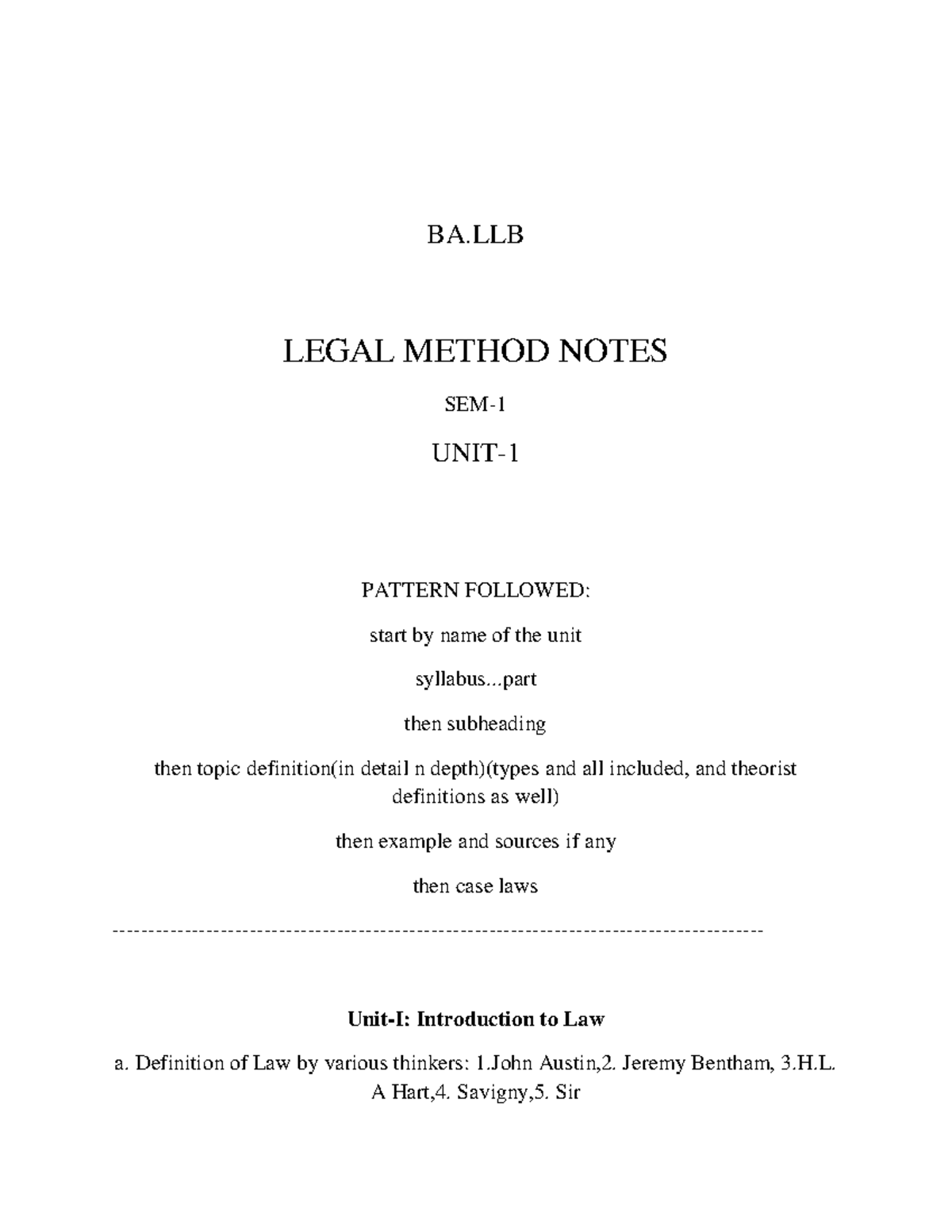 BA.LLB Legal Method: Comprehensive Unit 1 Notes on Law Theorists - Studocu
