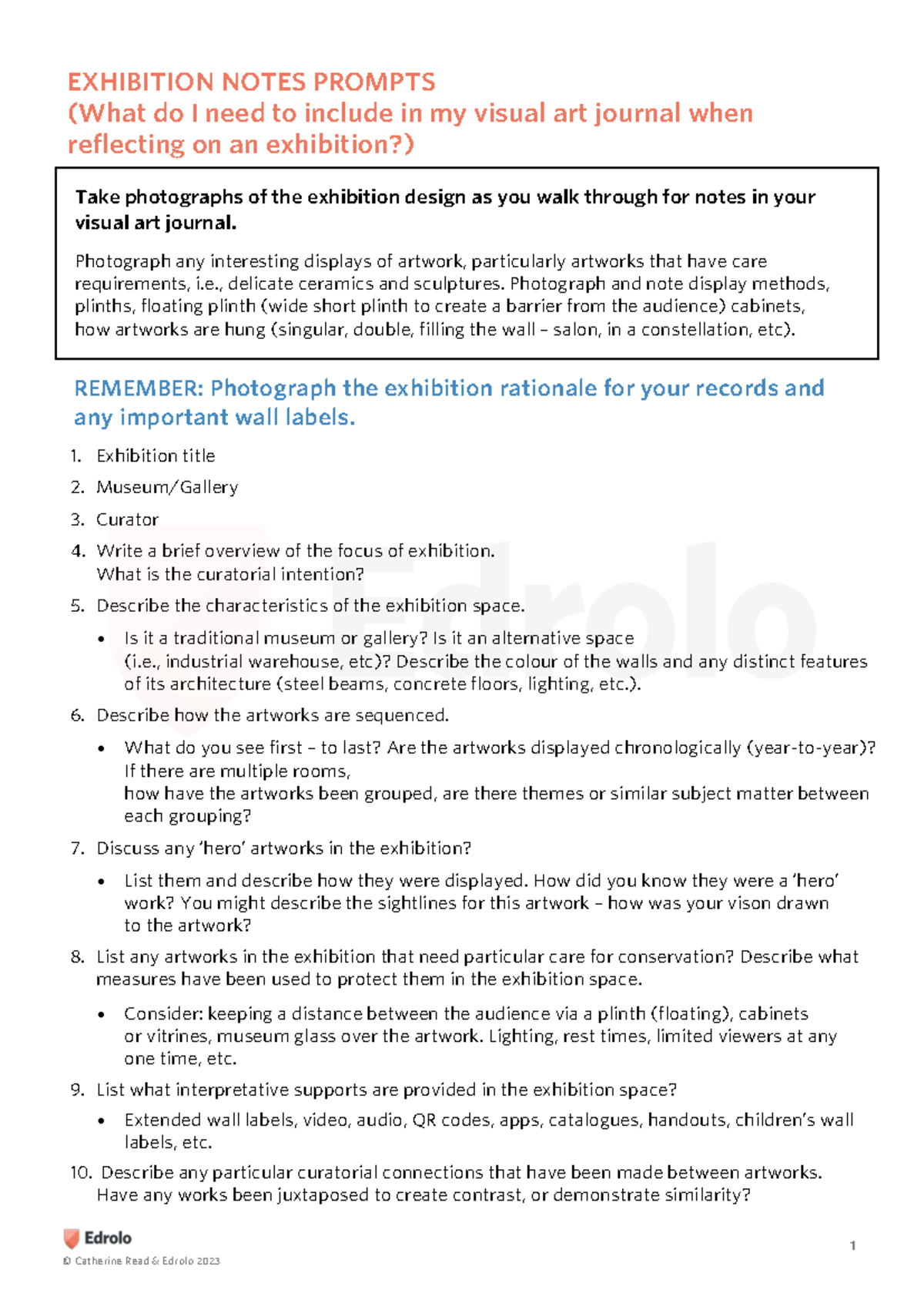 Exhibition Visit Worksheet: Reflection Prompts for Visual Art Journal ...