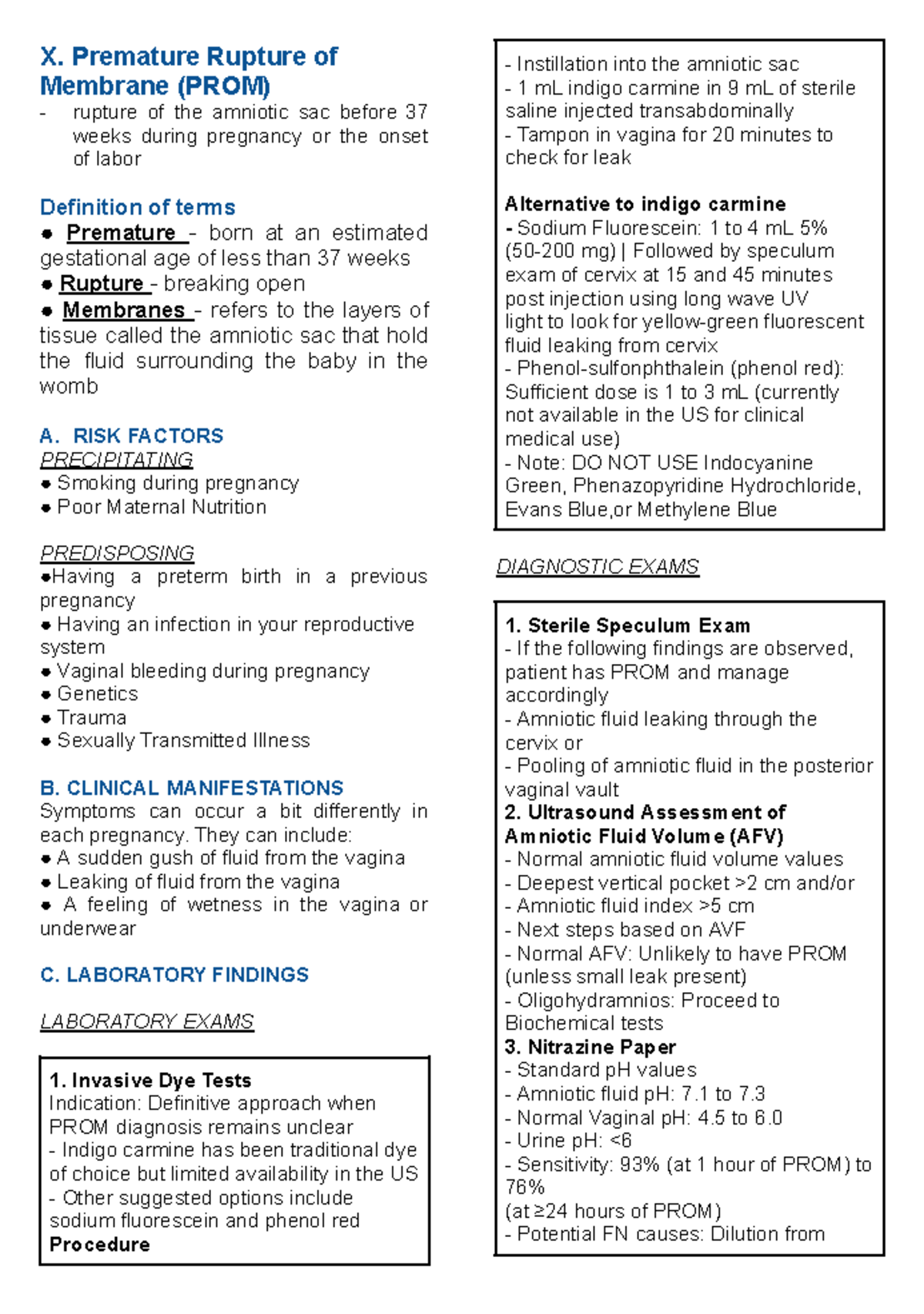 Study Notes on Premature Rupture of Membranes (PROM) - Studocu