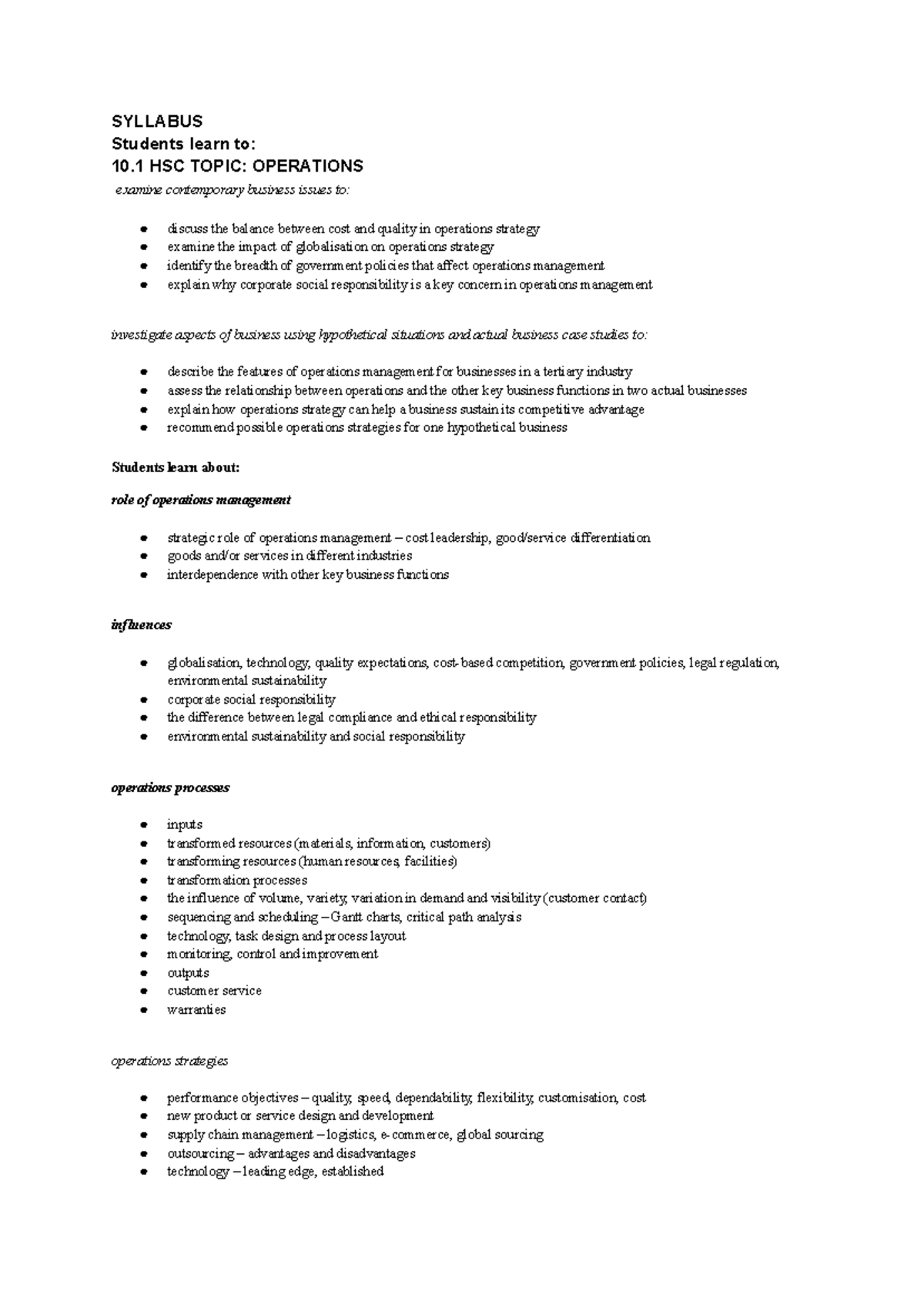 HSC Business Studies Syllabus: Operations Management Overview - Studocu