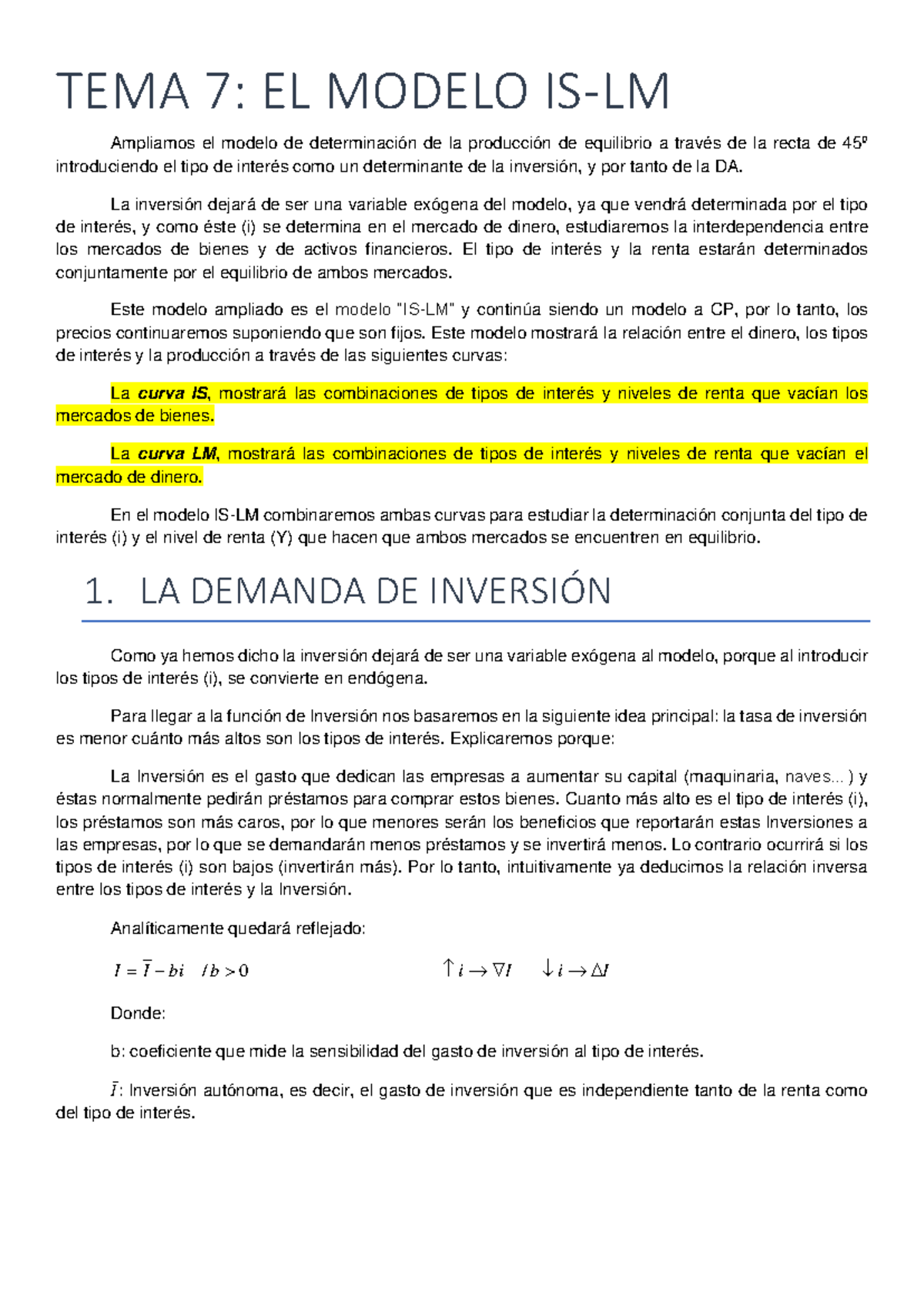 TEMA 7: Análisis del Modelo IS-LM en Macroeconomía Apuntes - Studocu
