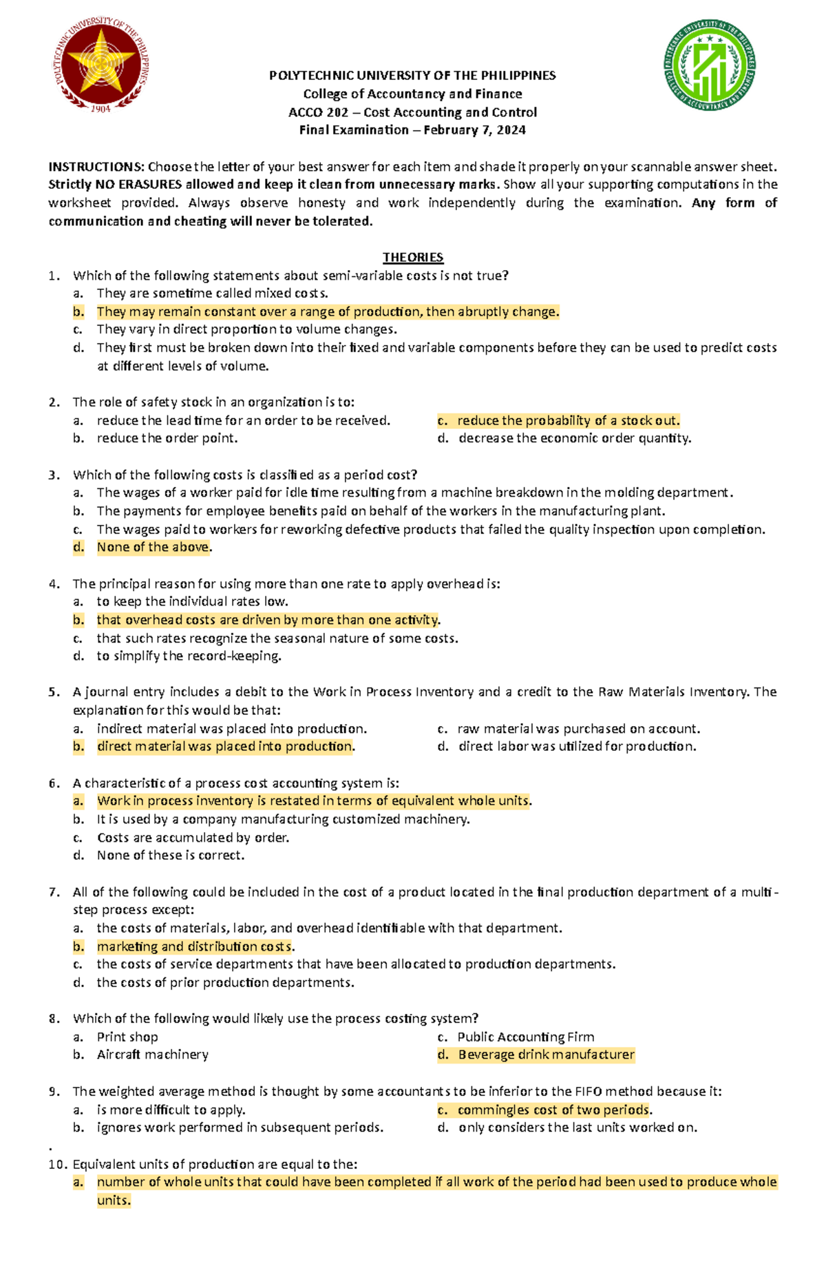Final Examination - ACCO 202 - Cost Accounting and Control SY2324 - Studocu