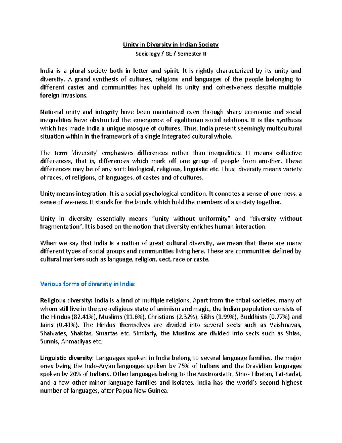Sociology GE Sem-II: Unity and Diversity in Indian Society Analysis ...