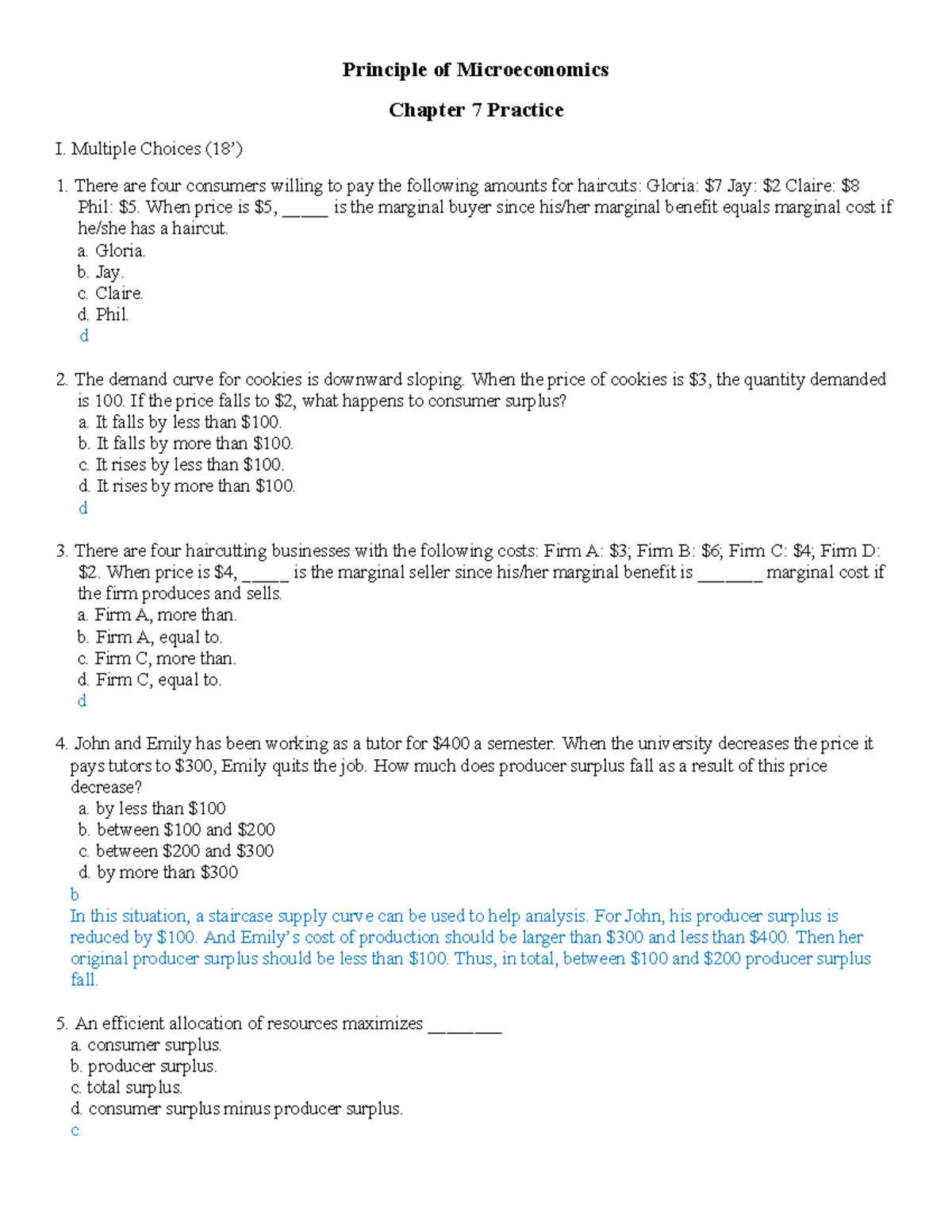Principle of Microeconomics (ECON 101) Chapter 7 Practice Questions ...