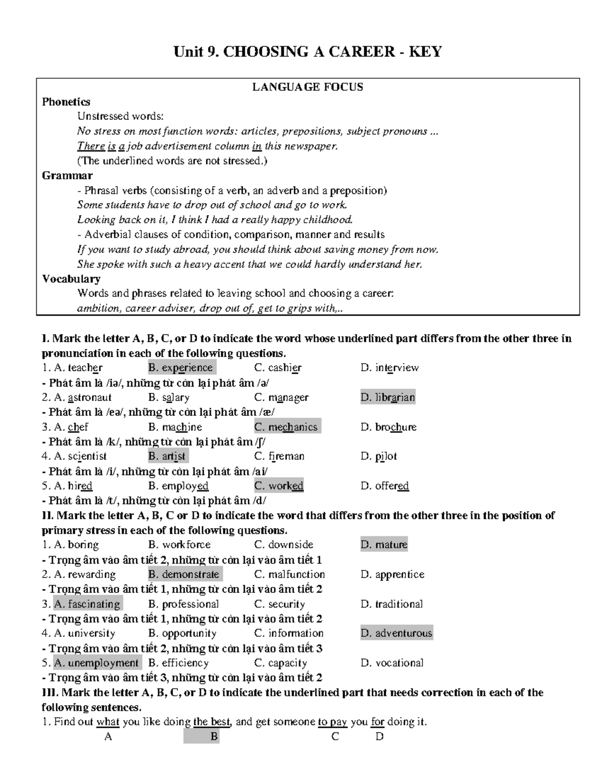 Unit 9 - KEY - ôn thi - Unit 9. CHOOSING A CAREER - KEY LANGUAGE FOCUS ...