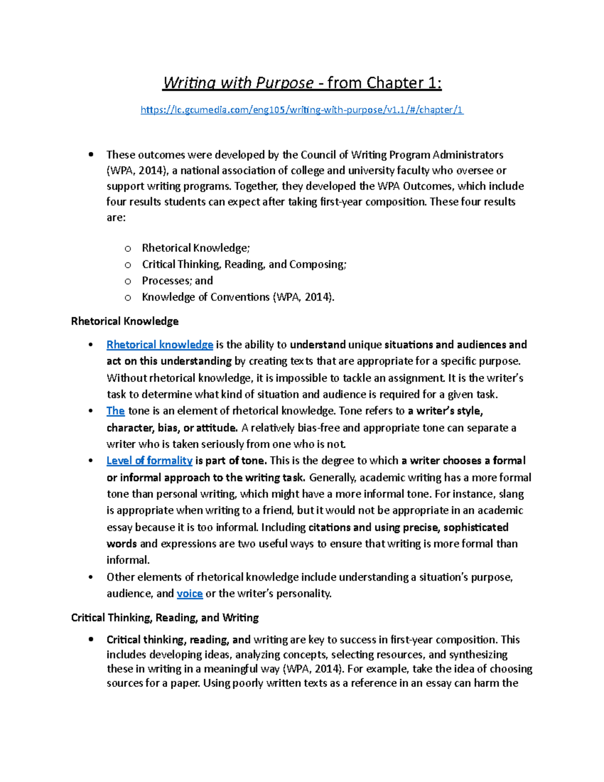 ENG105 Chapter 1 Notes: Writing with Purpose Strategies and Outcomes ...