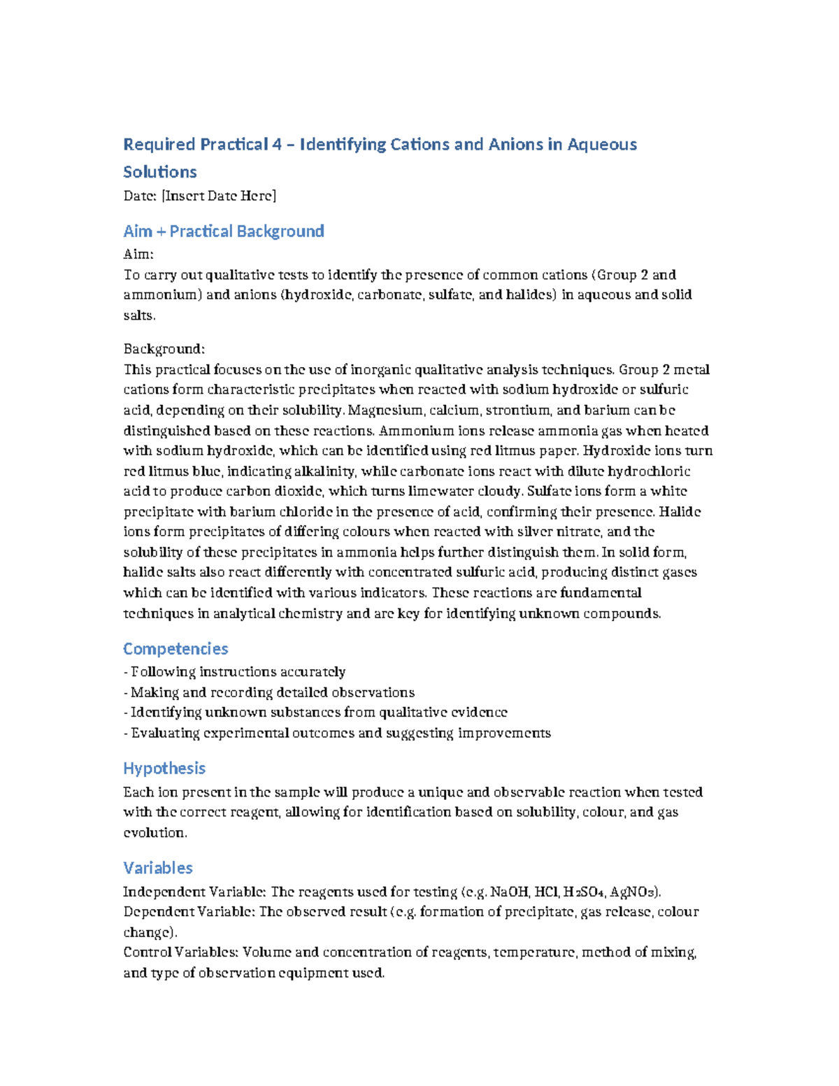 Required Practical 4: Identifying Cations and Anions in Aqueous ...