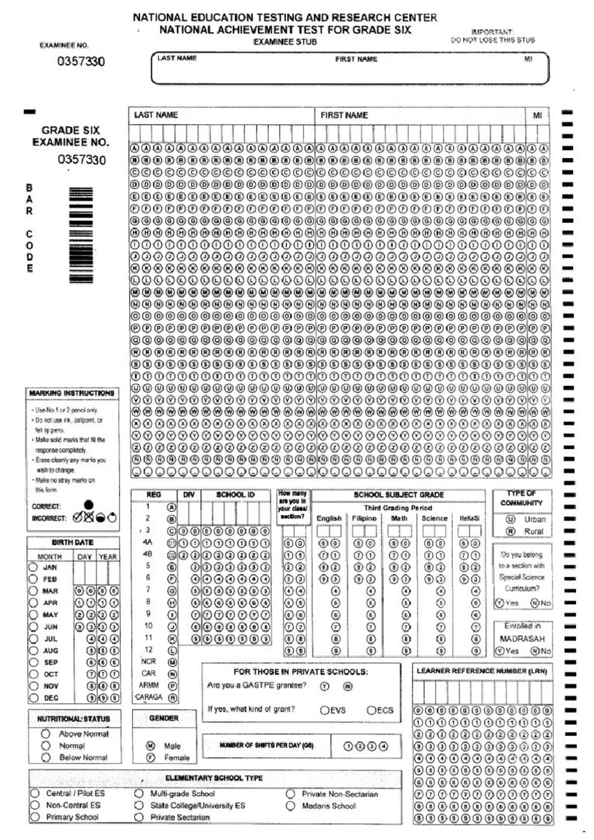 NATIONAL ACHIEVEMENT TEST GRADE SIX EXAMINEE STUB (0357330) - Studocu