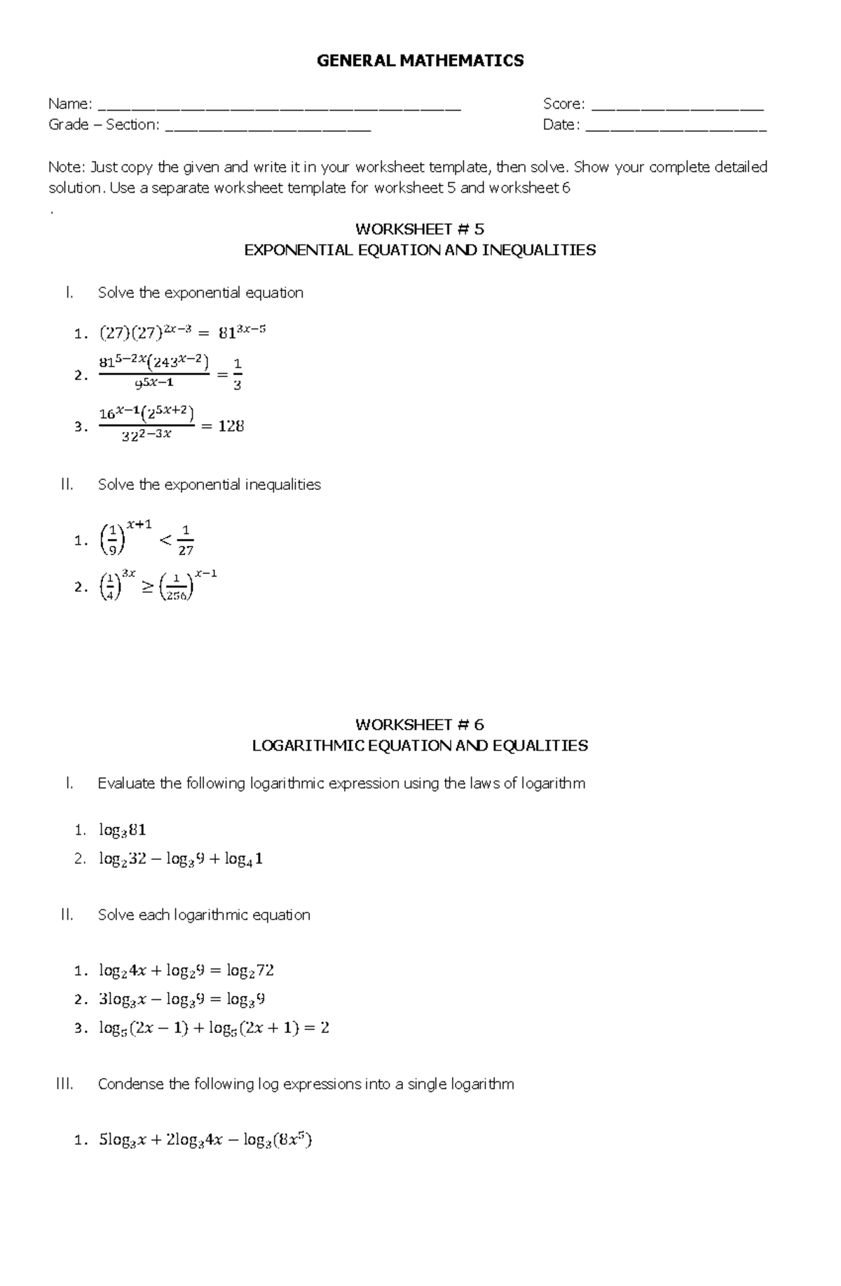 Gen-Math Worksheets-Exponential-and-Logarithmic-Equation updated ...
