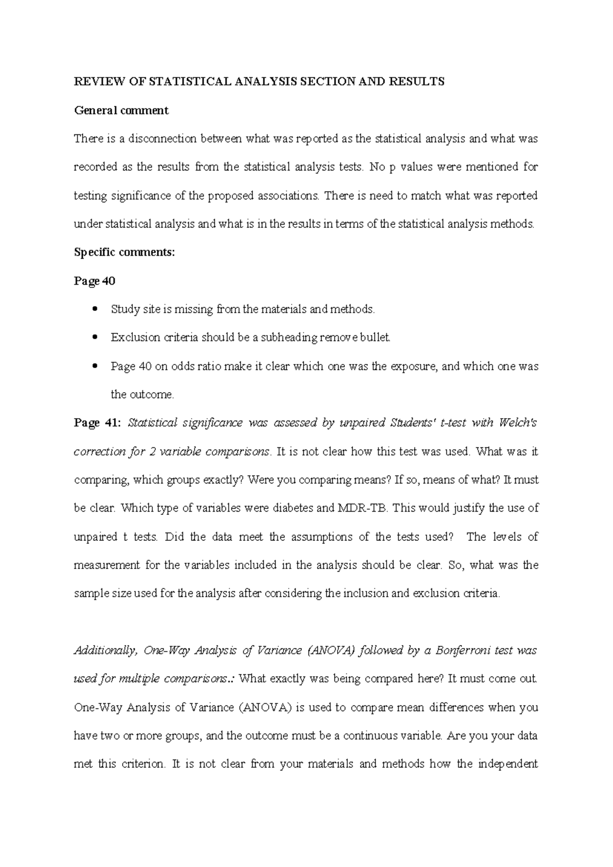 Review OF Statistical Analysis Section AND Results - REVIEW OF ...