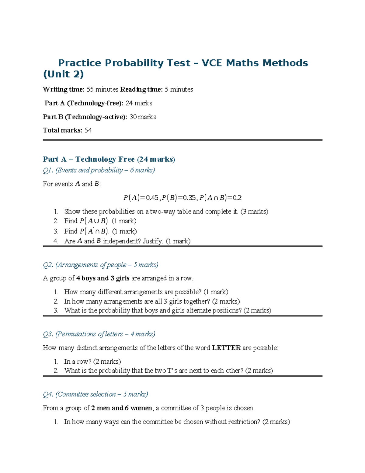 Practice Probability Test VCE Maths Methods (Unit 2) - Studocu