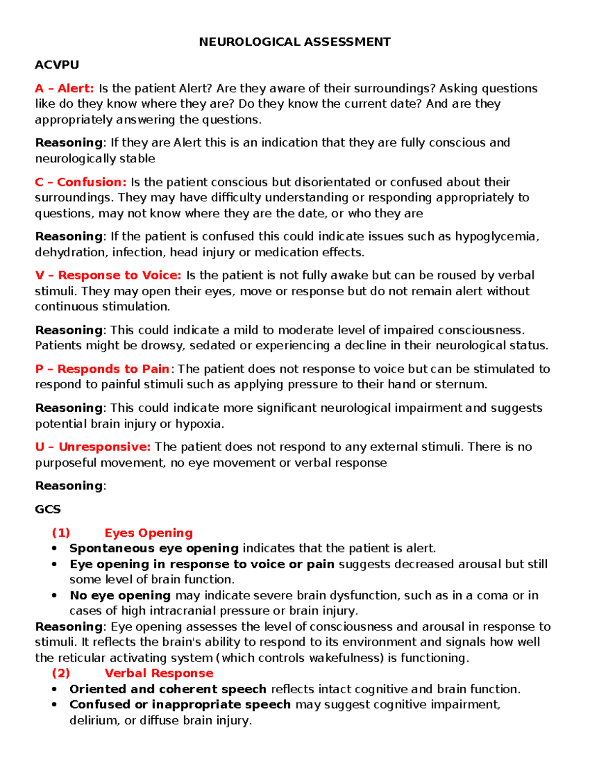 Neurological Assessment - NEUROLOGICAL ASSESSMENT ACVPU A – Alert: Is ...