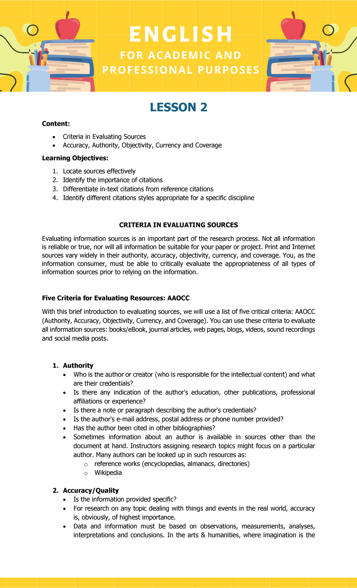 EAPP 2 - Source Evaluation Criteria for Final Exam Review - Studocu