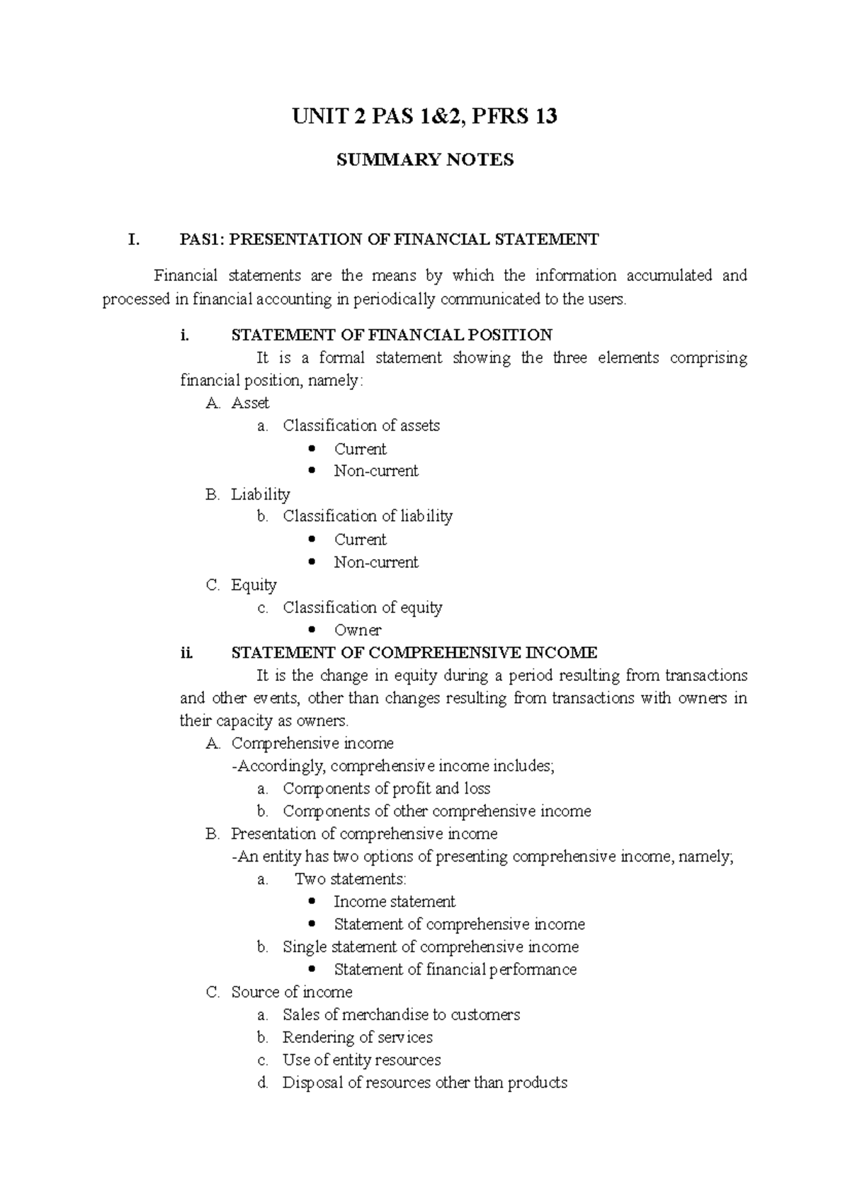 UNIT II- Summary Notes-CFAS - UNIT 2 PAS 1&2, PFRS 13 SUMMARY NOTES I ...