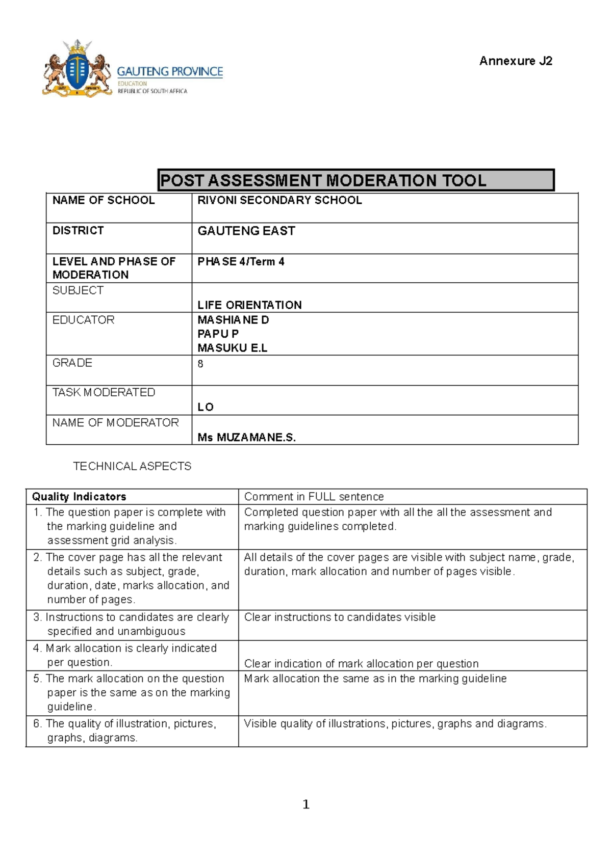 2026 J2 Phase 4 Life Orientation Moderation Report - Studocu