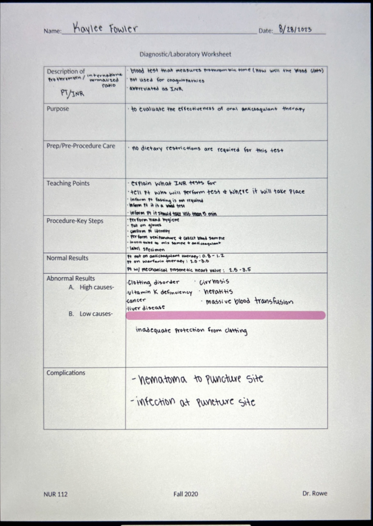 Fowler K INR - pt/inr - Name: Kaylee Fowler Date: Worksheet Description ...