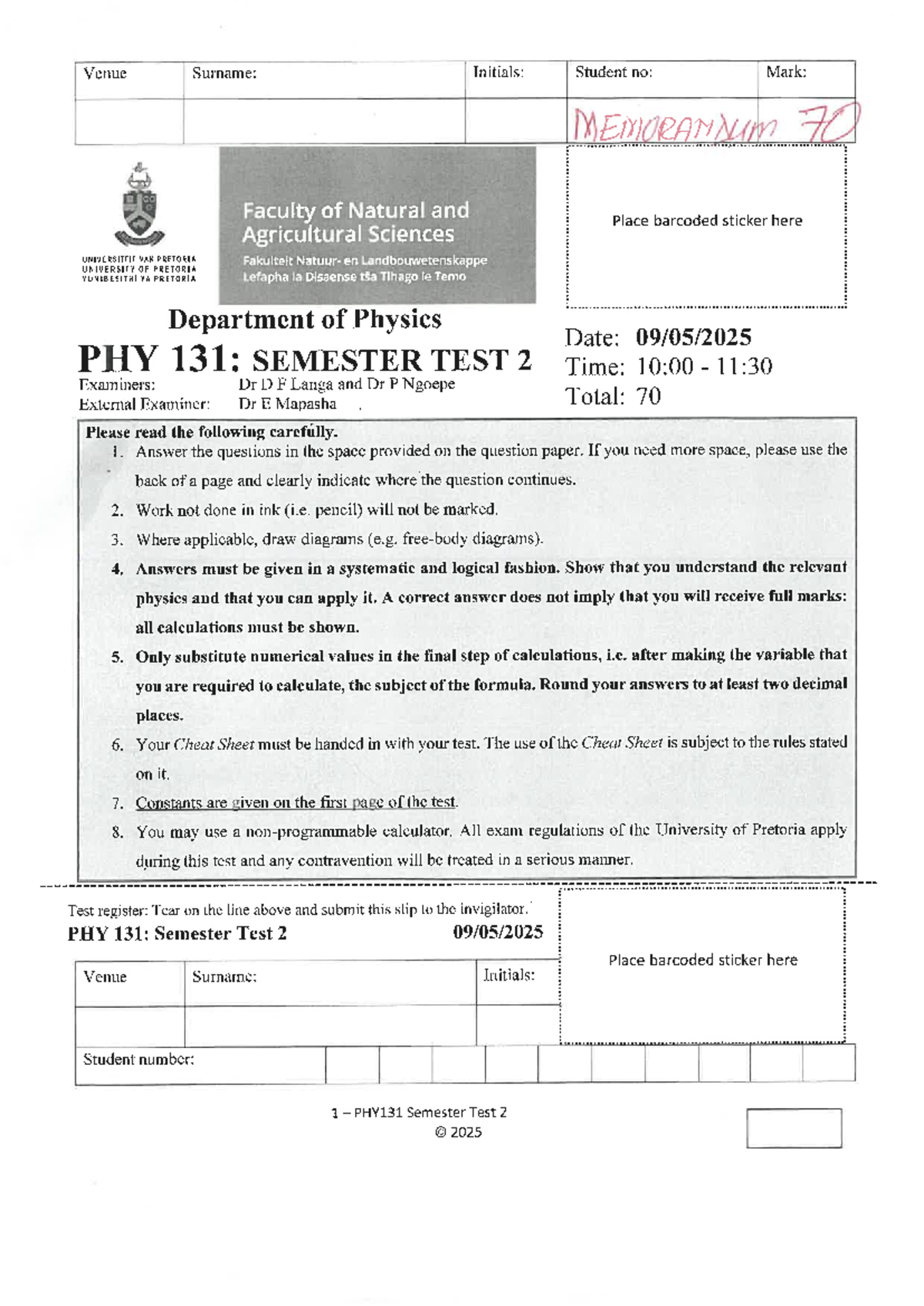 PHY131 Semester Test 2 Memorandum - Detailed Solutions and Guidelines ...
