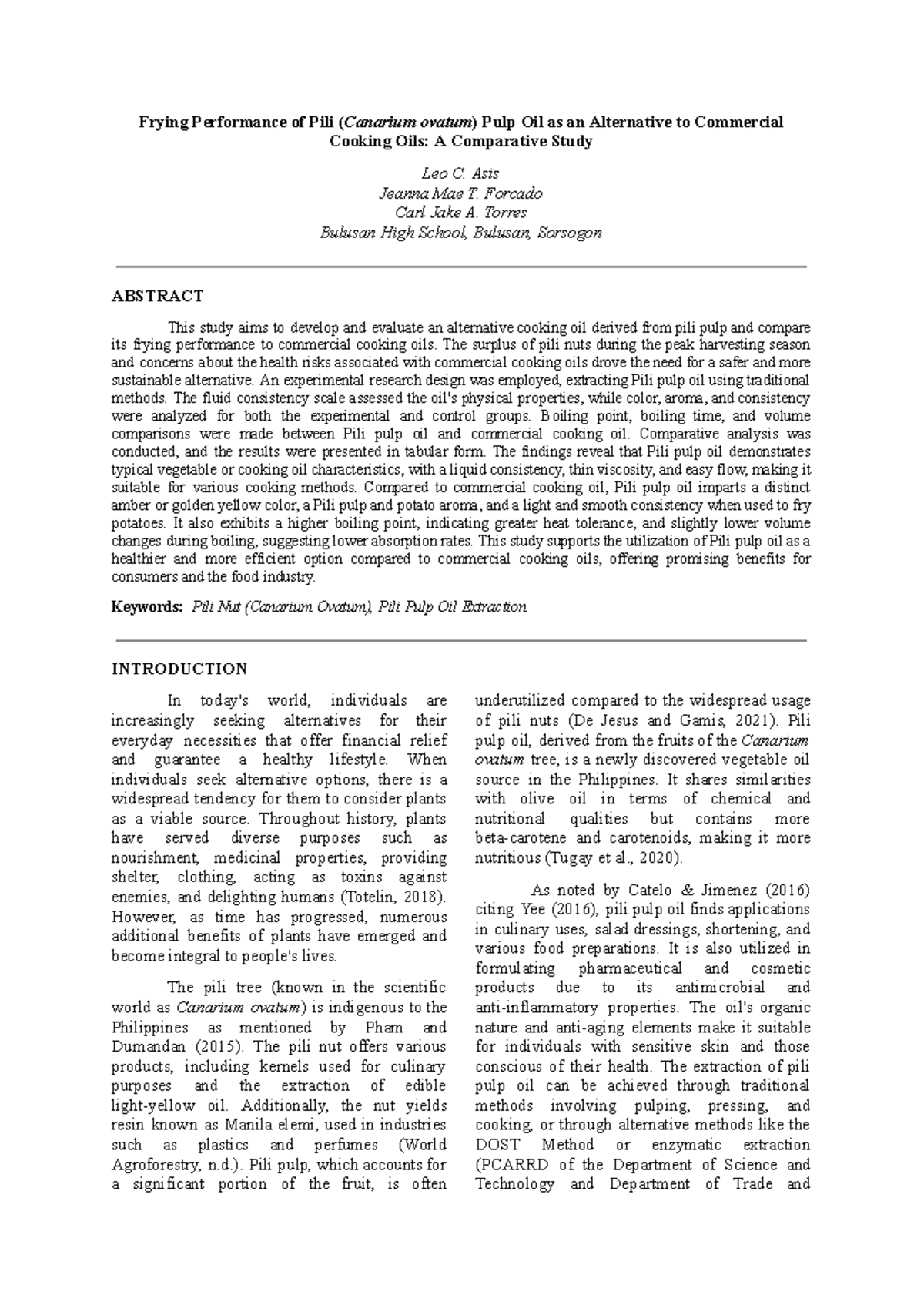 Comparative Study on Frying Performance of Pili Pulp Oil vs. Commercial ...