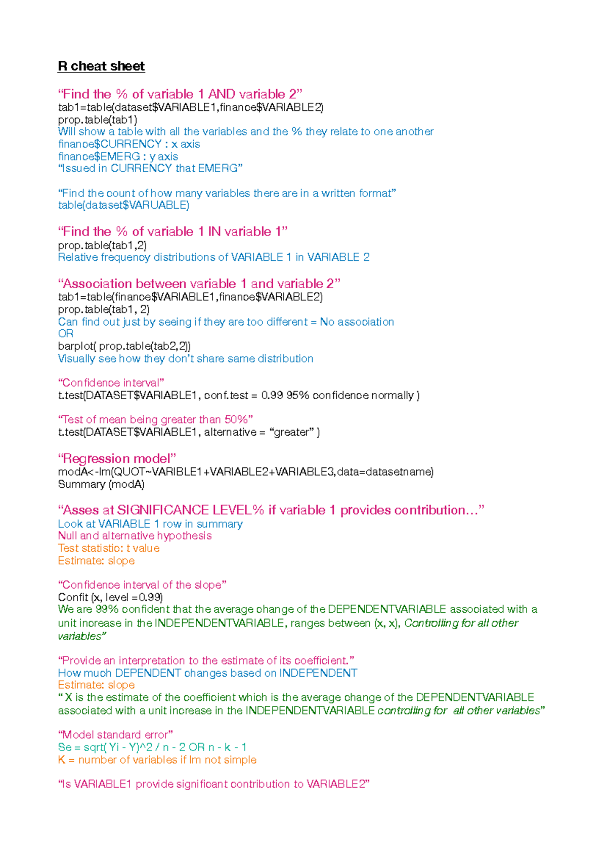 R Cheat Sheet: Key Statistical Functions and Techniques - Studocu