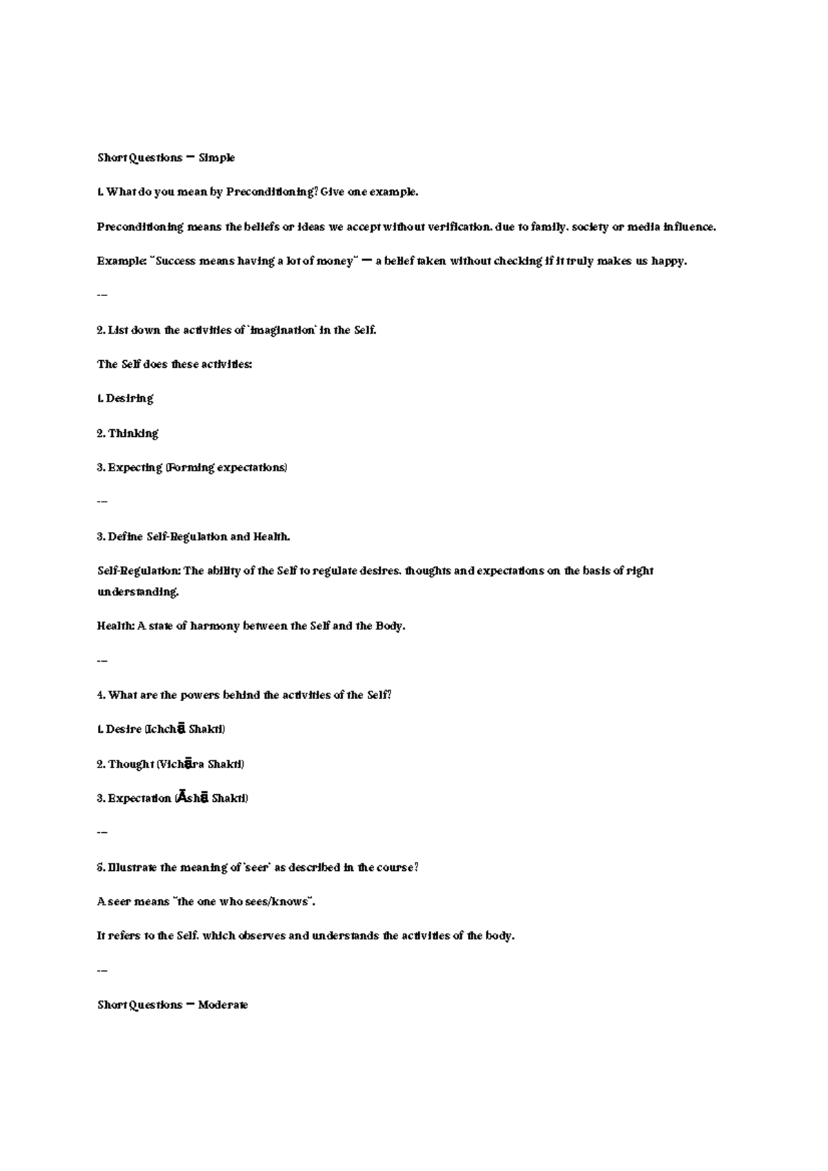 Short Questions on Self and Body - UHV Unit 2 - Studocu
