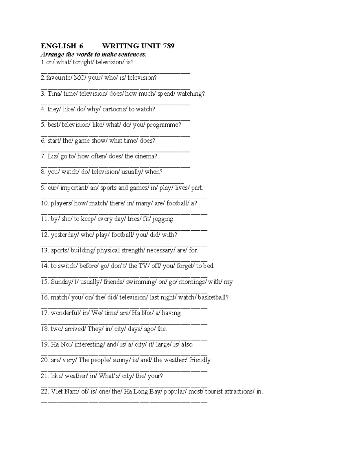 English 6 Writing Unit 789: Sentence Arrangement & Completion Exercises ...