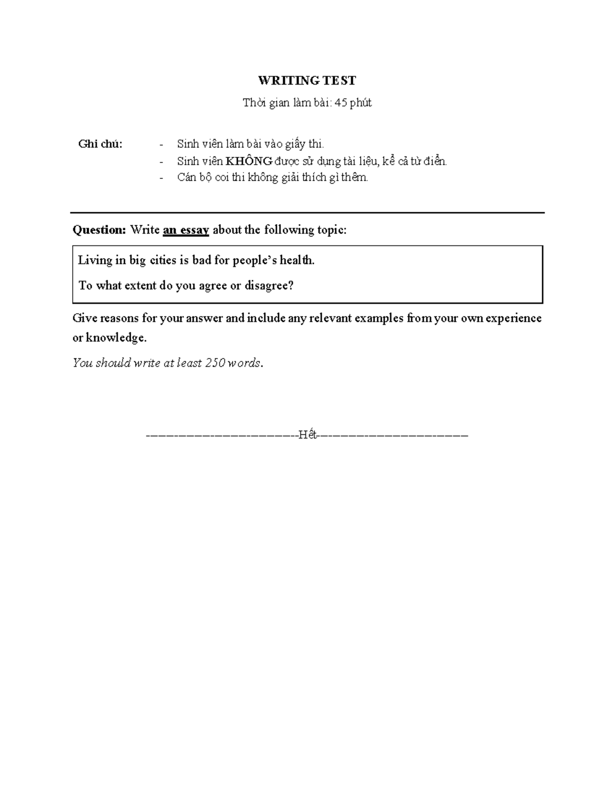 Writing mock test - Đề 1 - WRITING TEST Thời gian làm bài: 45 phút Ghi ...