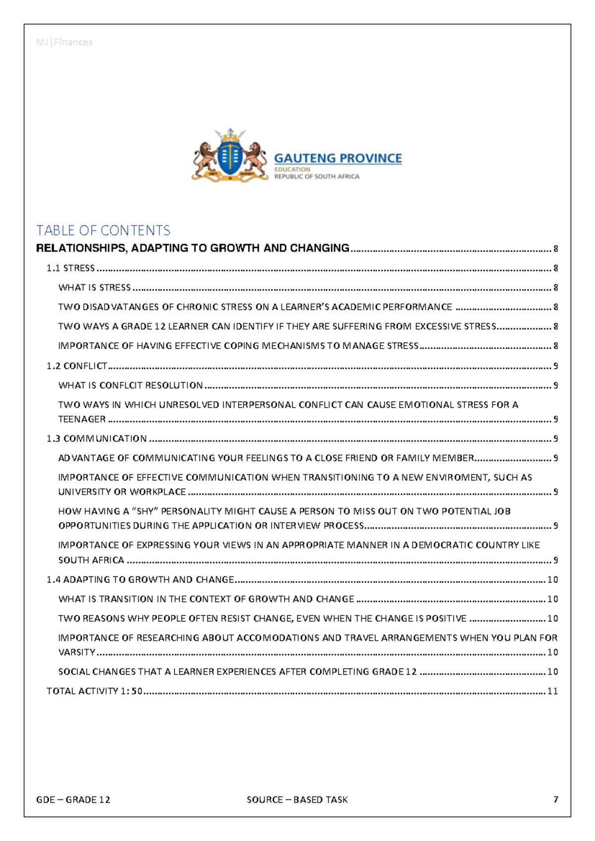 GDE GRADE 12 SOURCE BASED TASK: Relationships & Adapting to Change ...
