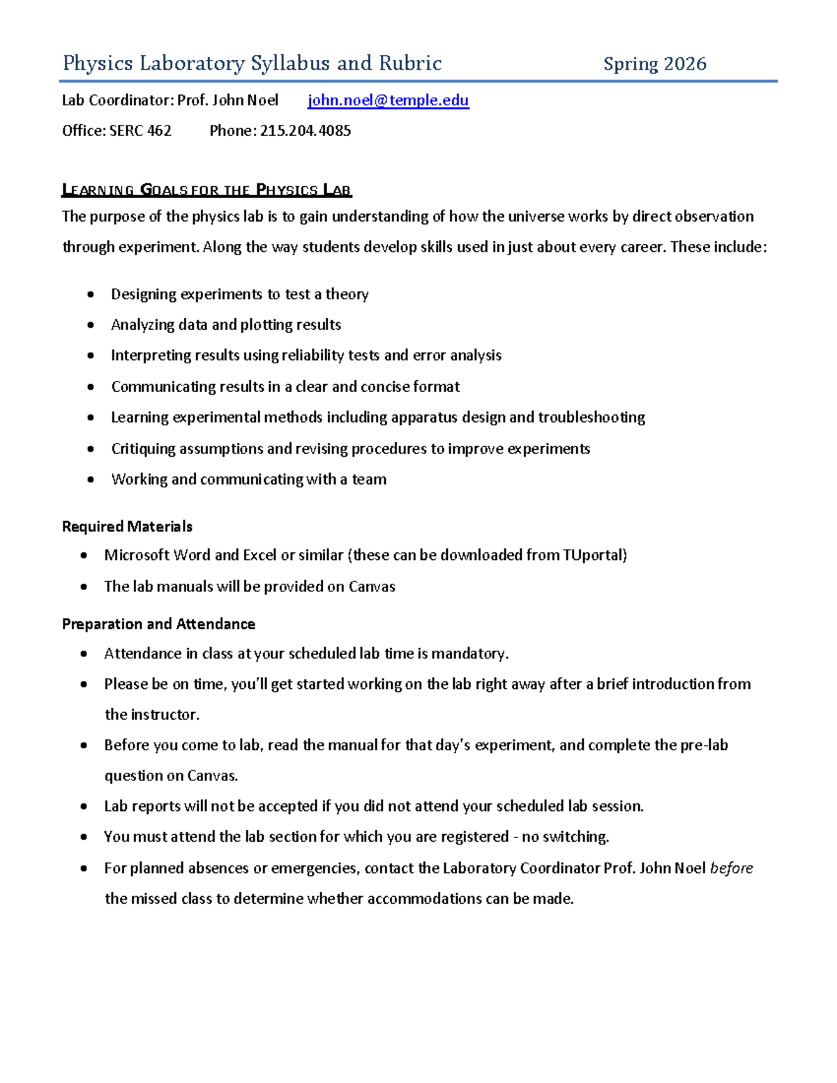 PHYS Lab Syllabus & Grading Rubric - Spring 2026 - Studocu