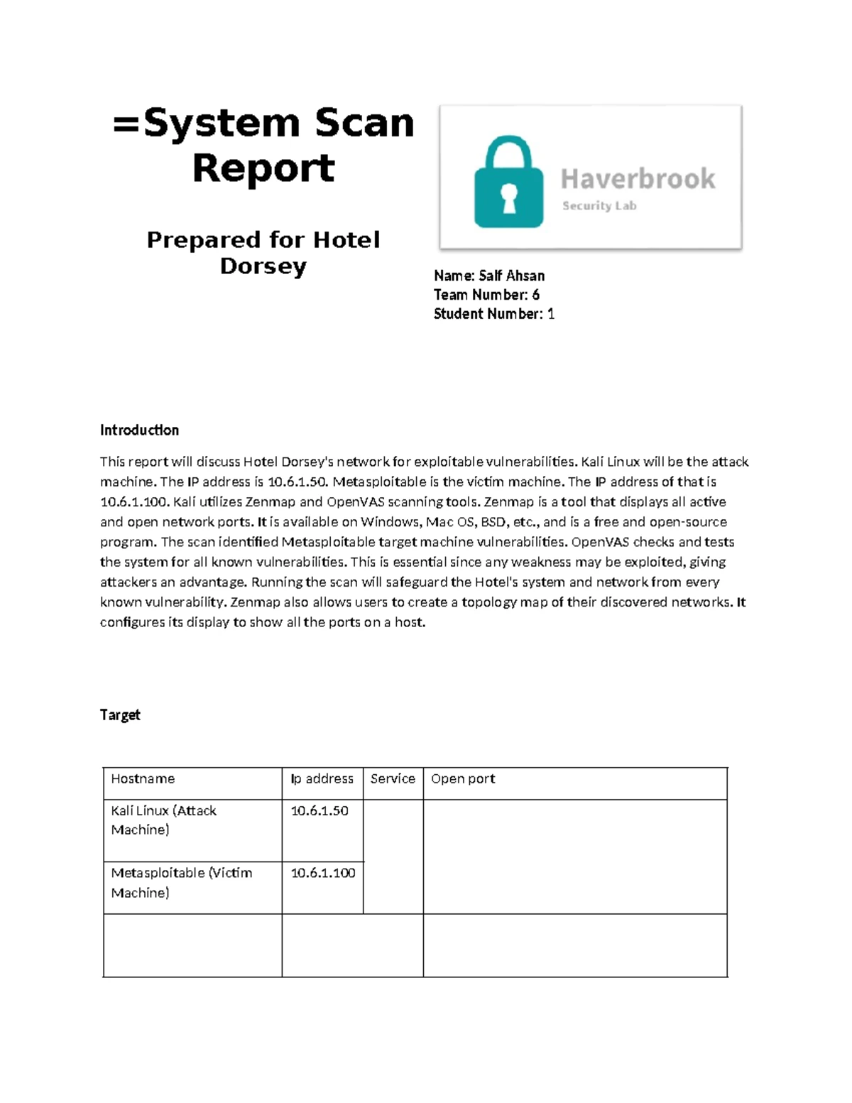 System Scan Report Template for Hotel Dorsey Analysis - Studocu
