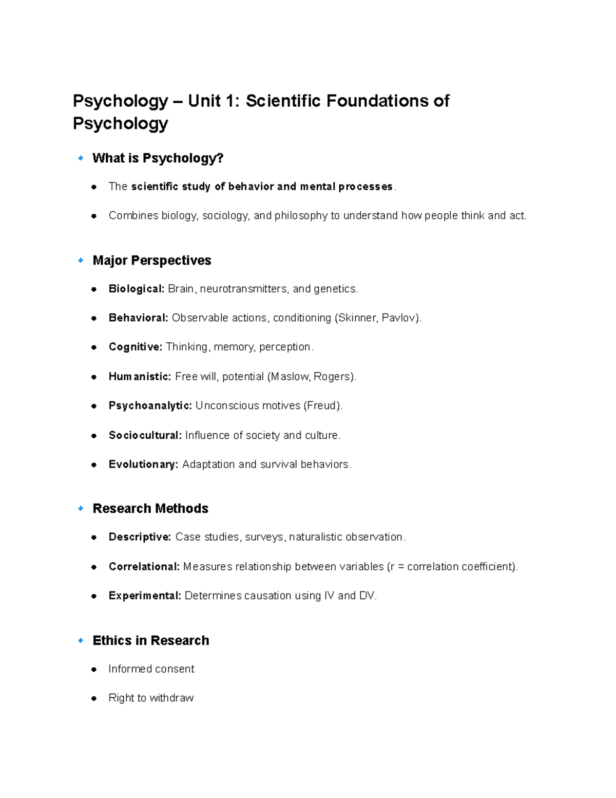 Psychology 101: Unit 1 - Scientific Foundations of Psychology - Studocu