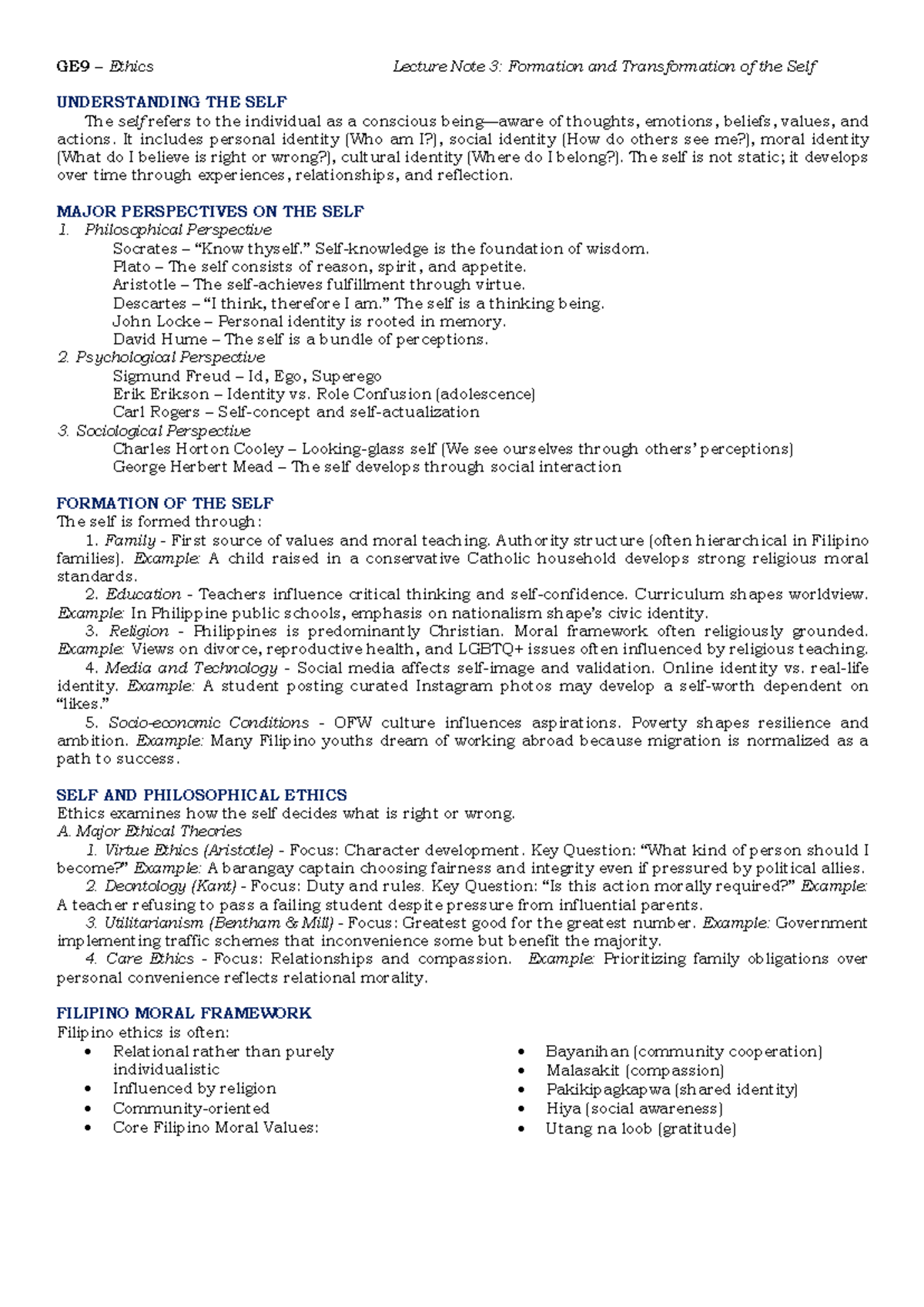 GE9 Ethics Lecture Note 3: Understanding the Formation of Self - Studocu