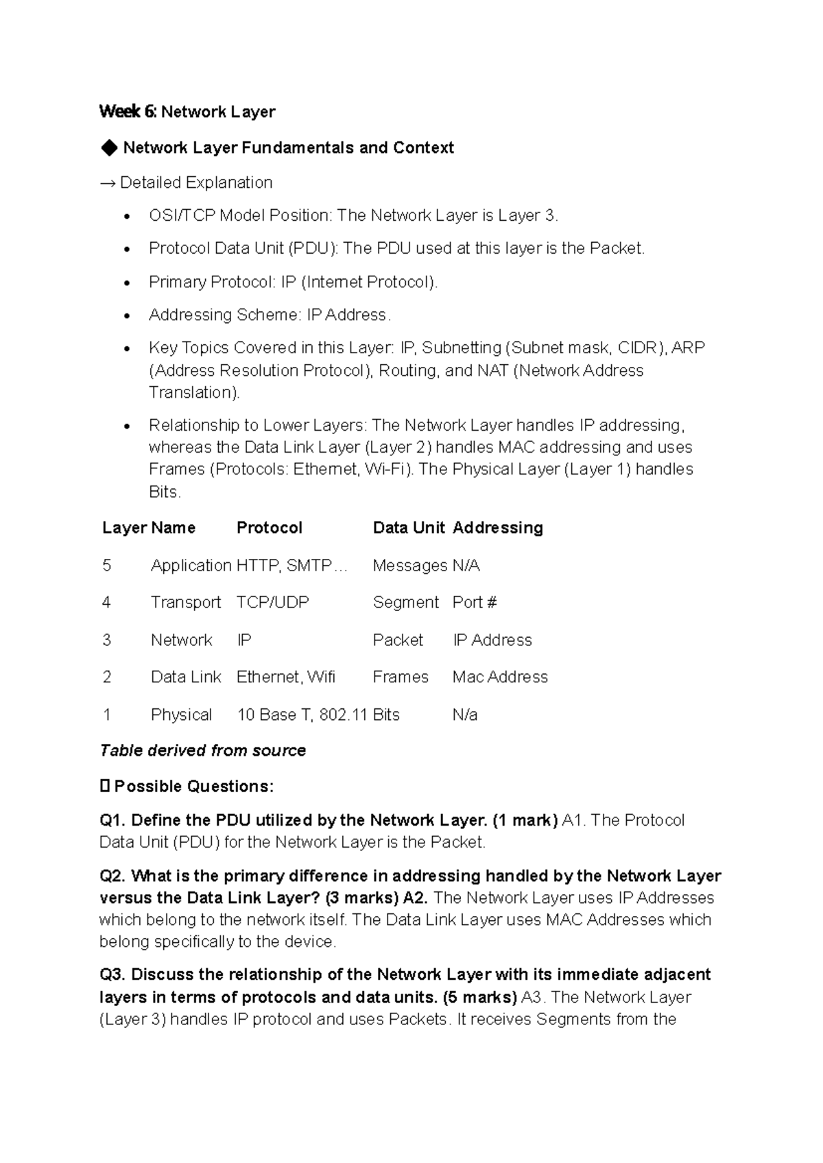 Week 6: Network Layer Fundamentals and IP Addressing Concepts - Studocu