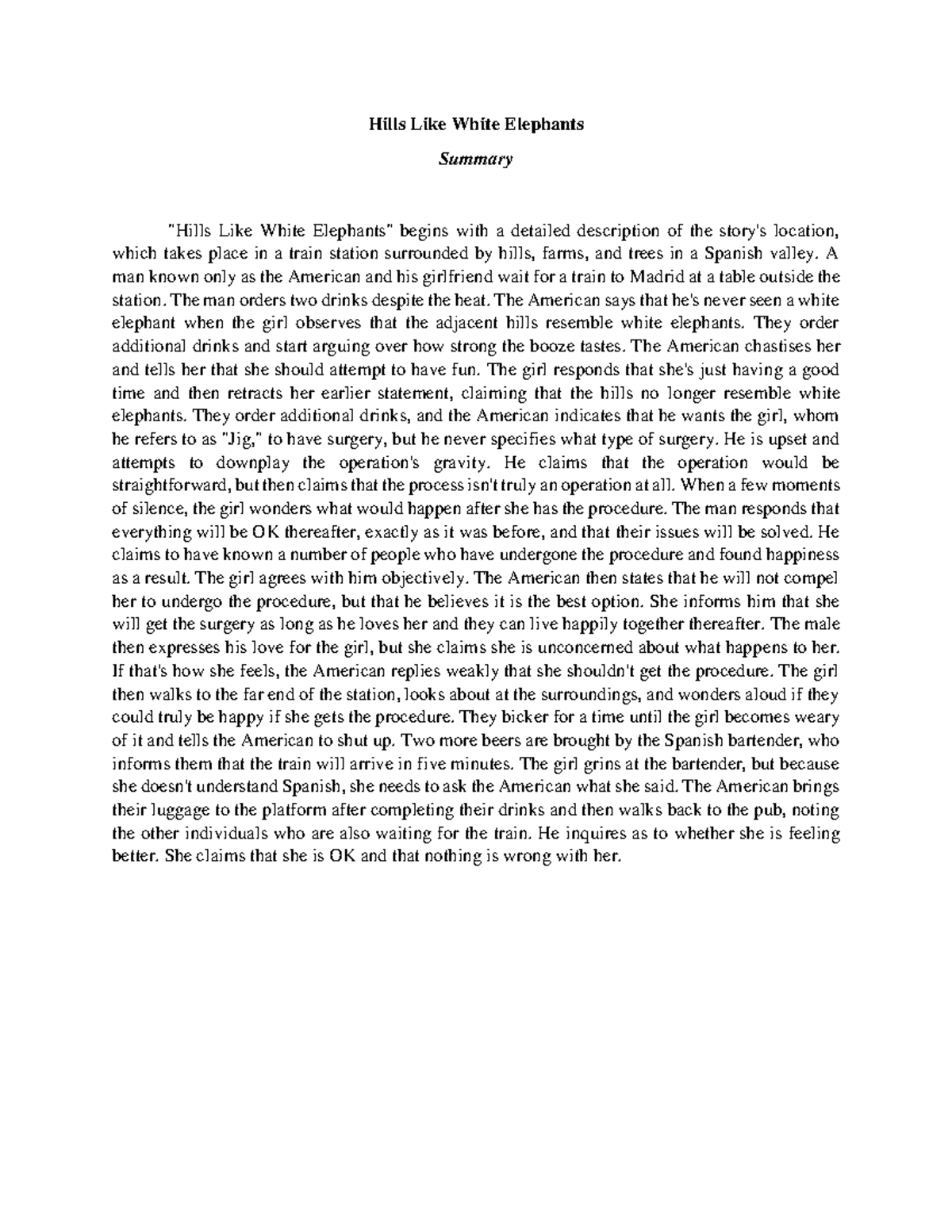 Hills Like White Elephants Summary & Analysis of Key Themes - Studocu