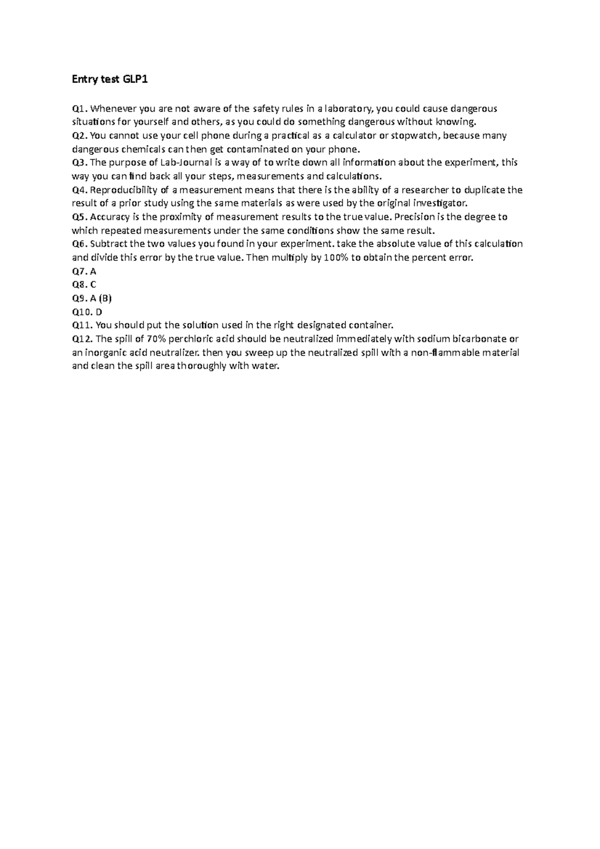 GLP1 Entry Test - Key Answers and Safety Guidelines - Studeersnel