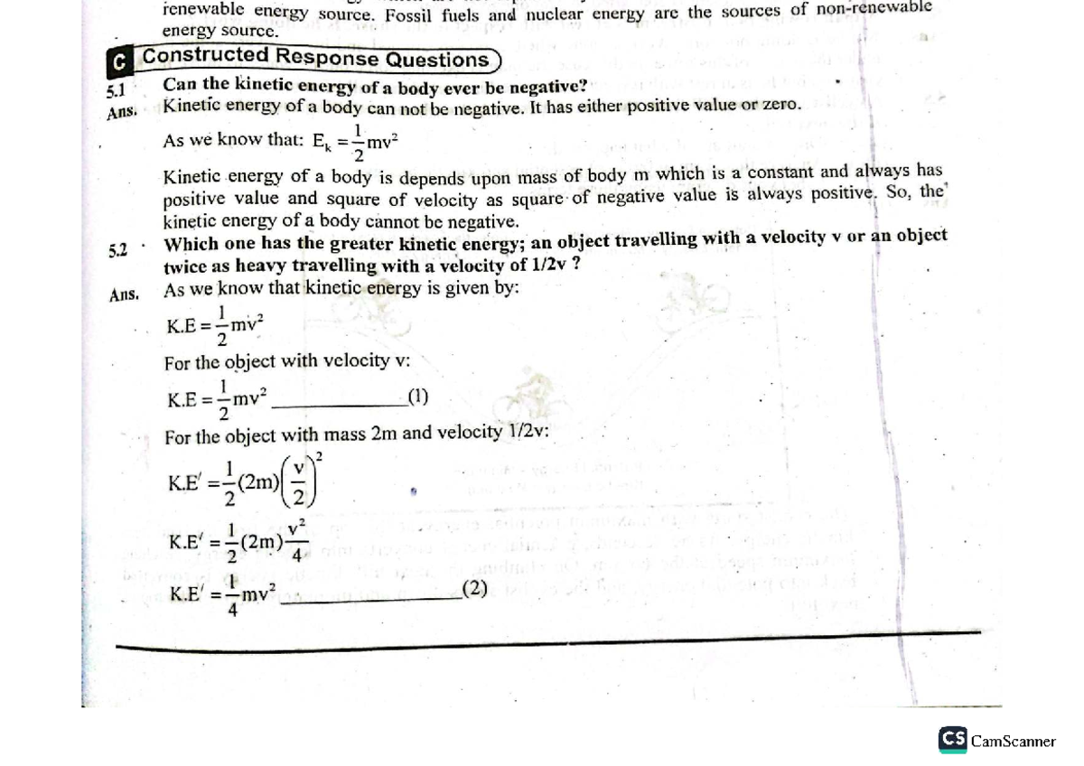 Unit #5 Constructive Response Questions on Kinetic Energy and Work ...