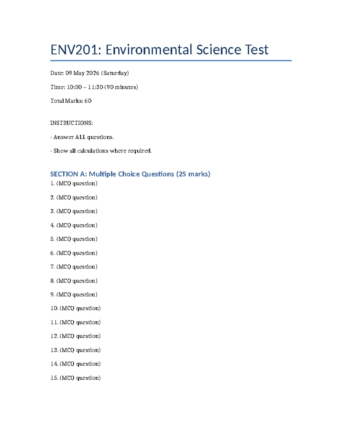 ENV201: Updated Environmental Science Test Paper - Studocu