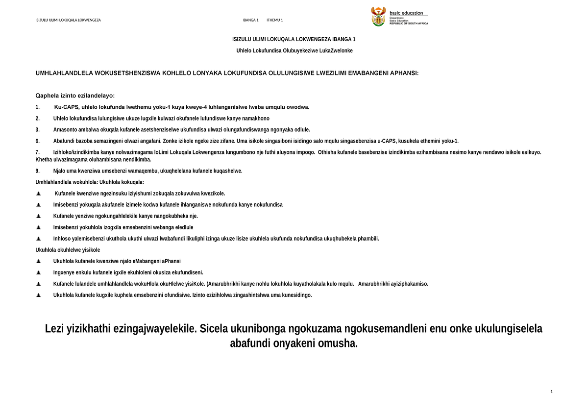 Uhlelo lokufundisa isizulu fal ibanga 1 2021 atp grade 1 studocu