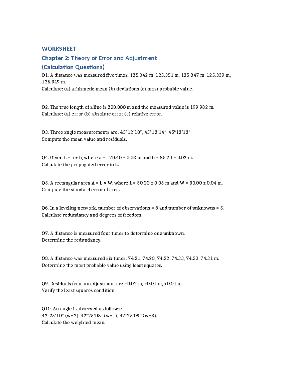 Chapter 2: Theory of Error Worksheet (Calculation Questions) - Studocu