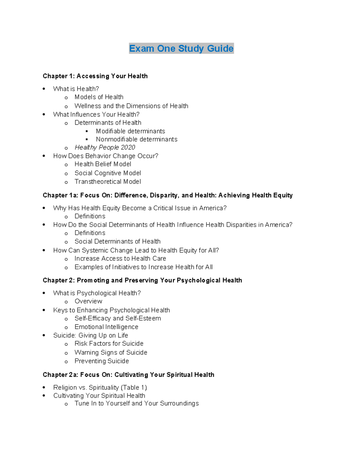 HLTH101 Exam One Study Guide: Key Concepts in Health and Wellness - Studocu