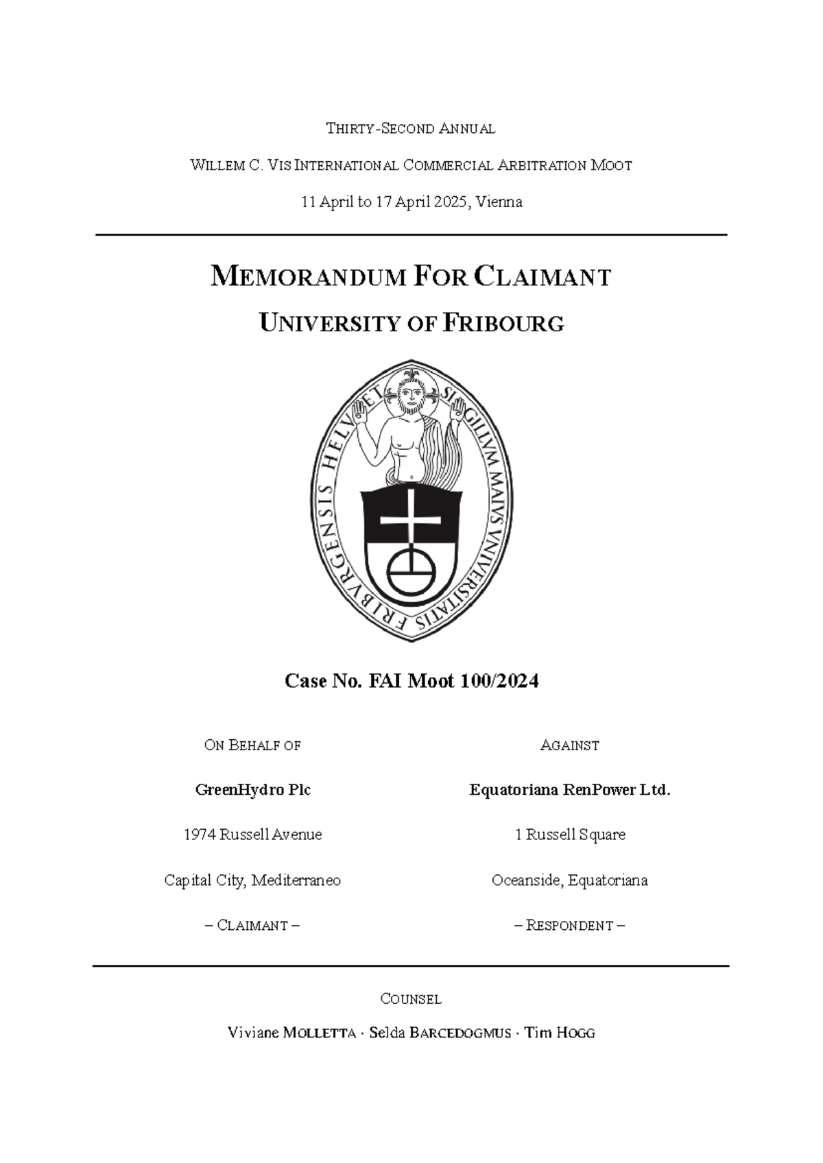 Memorandum for Claimant - FAI Moot 2025: GreenHydro vs. Equatoriana - Document Preview