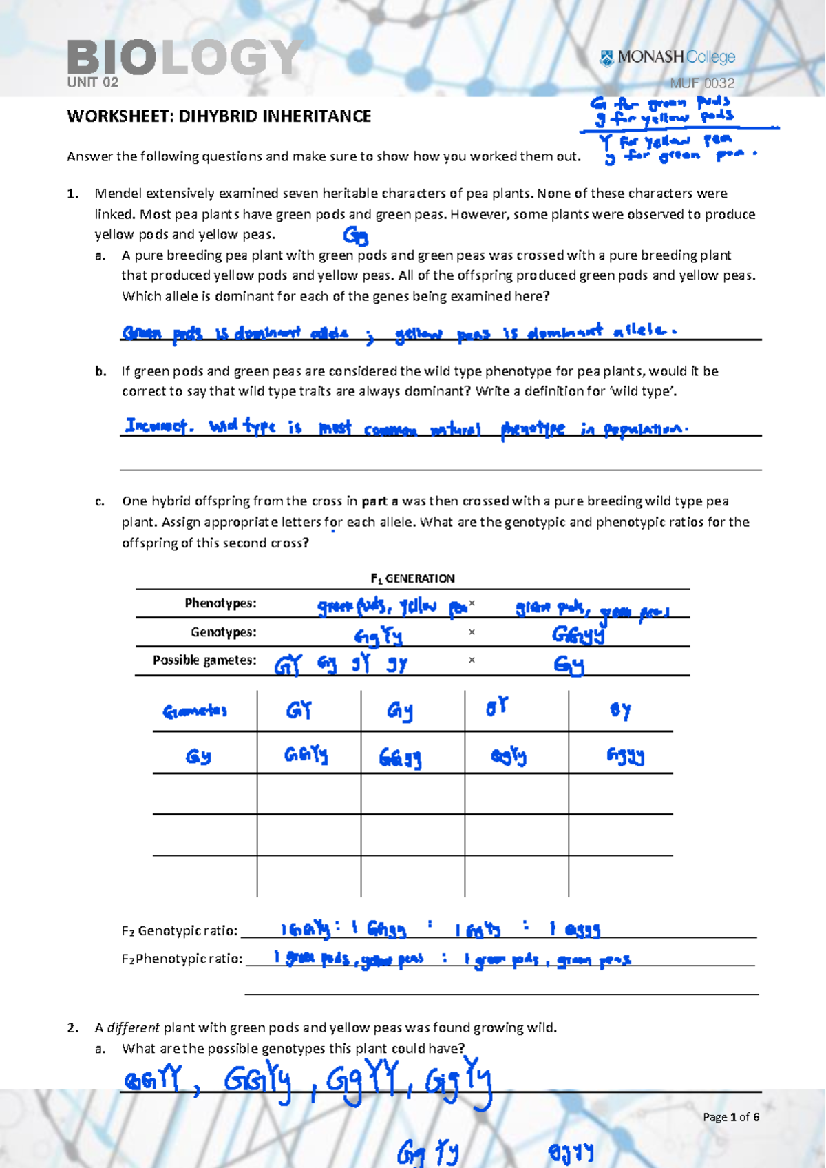 Dihybrid Inheritance Worksheet - BIOLOGY UNIT 02 MUF 0032 - Studocu