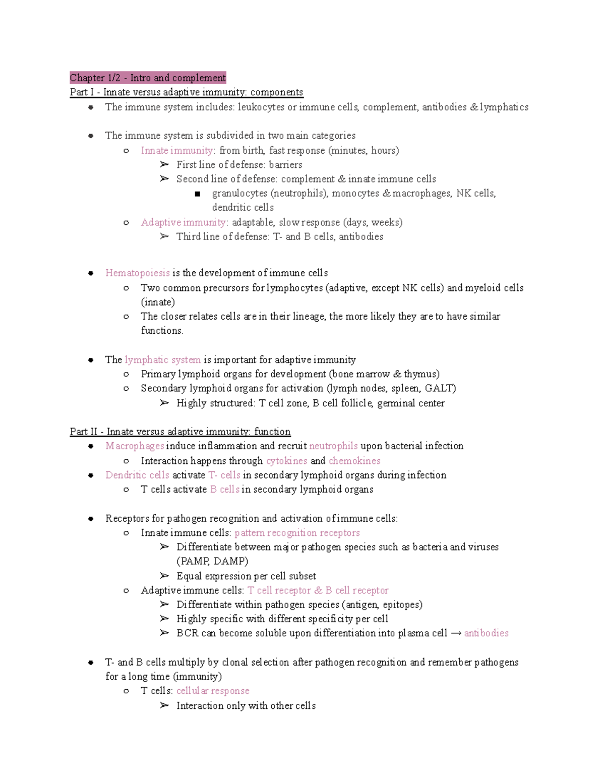Immunology Notes: Innate and Adaptive Immunity (Chapters 1-8) - Studeersnel