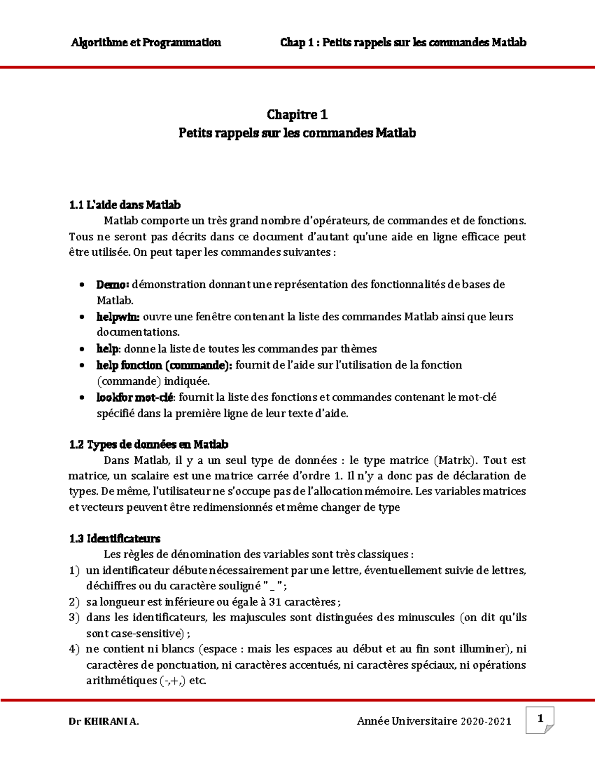 Chapitre 1 : Introduction aux Commandes et Opérations de Matlab - Studocu